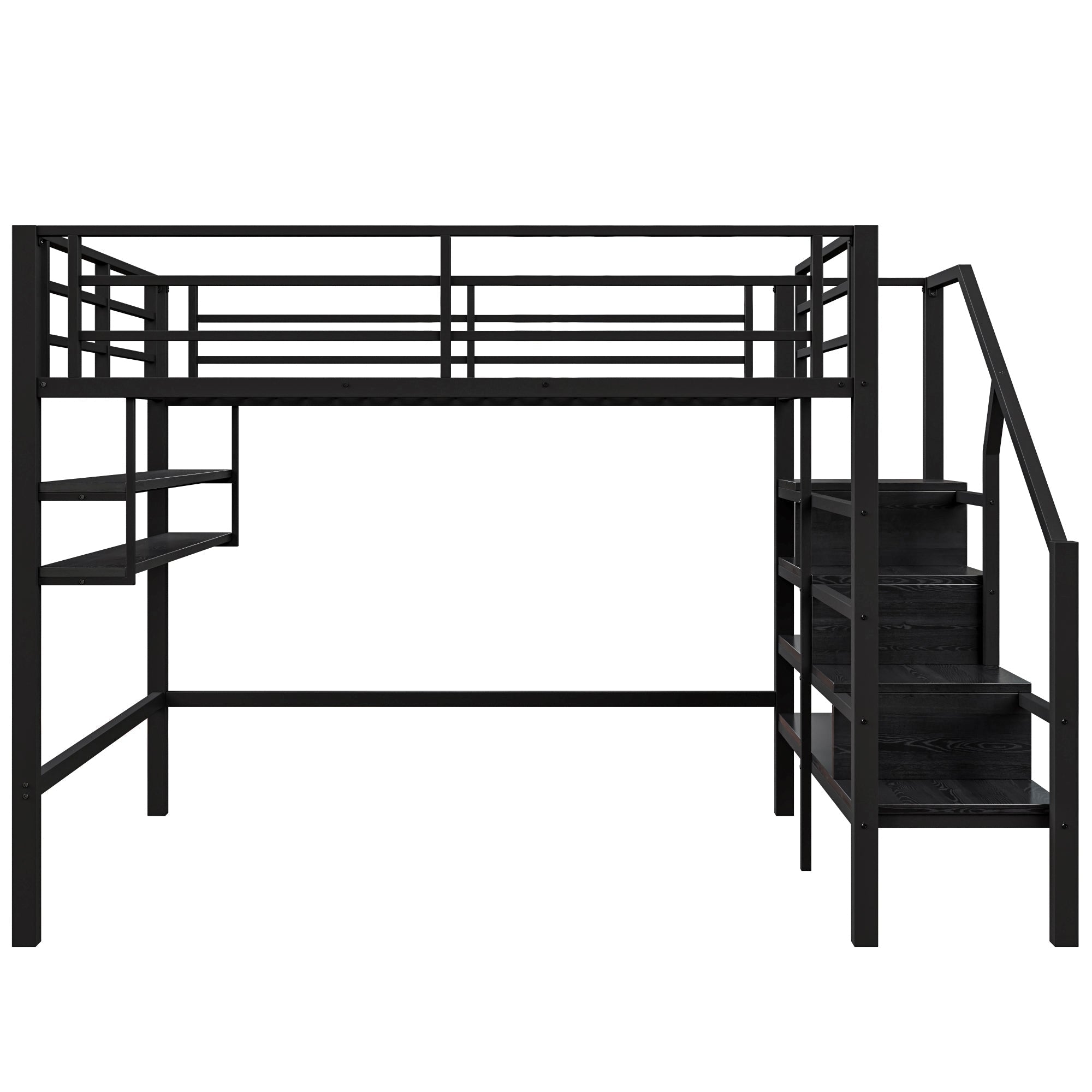 Loft Bed 140x200cm Storage Ladder Shelves Railing Black