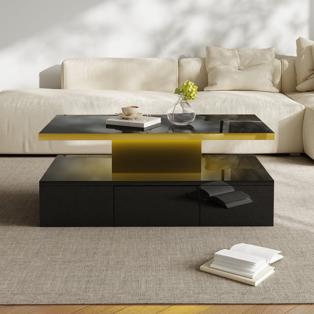 Coffee Table with Drawers, Shelves, High-Gloss Finish, LED Light