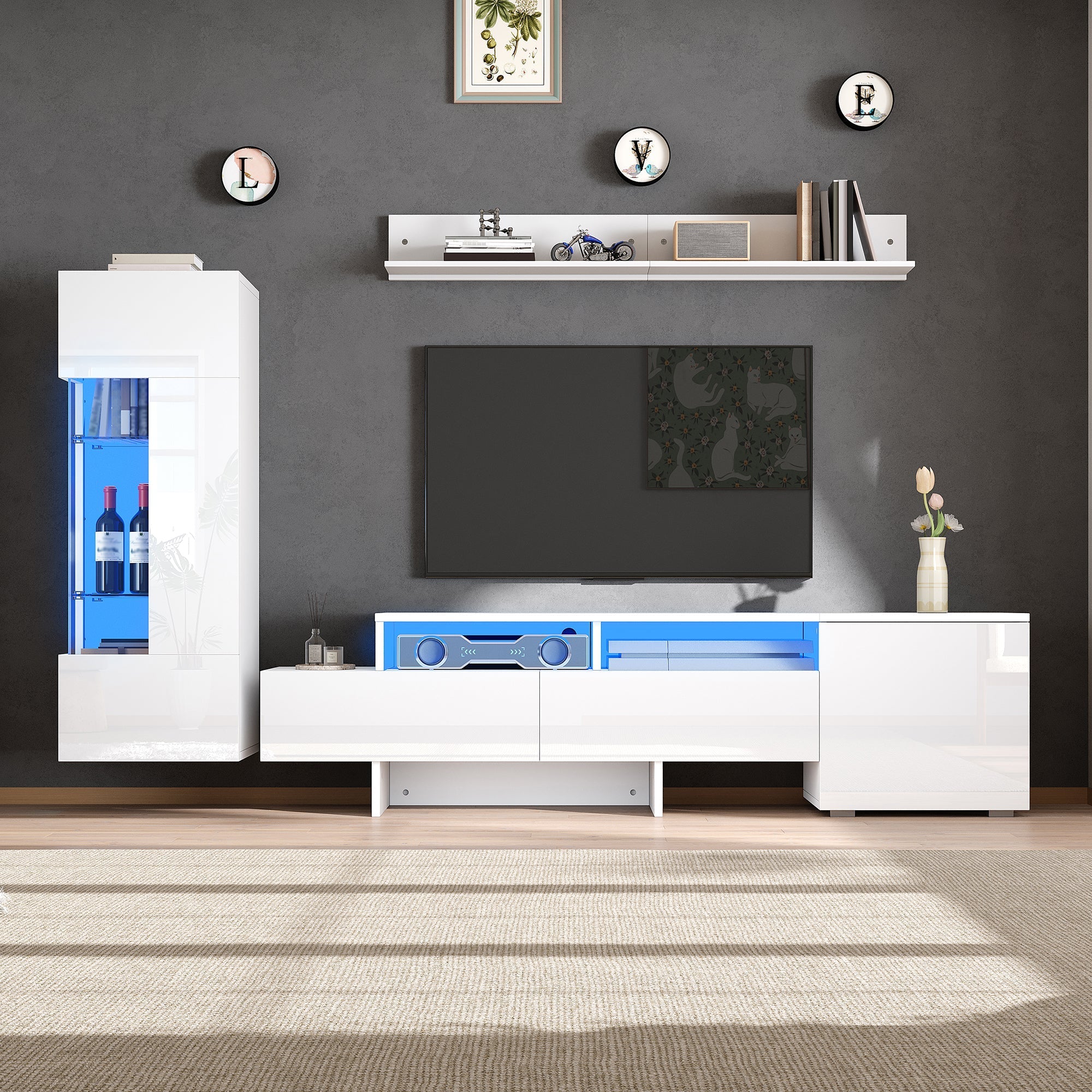 3-Piece TV Wall Unit Set High-Gloss LED Modern Wall-Mounted White