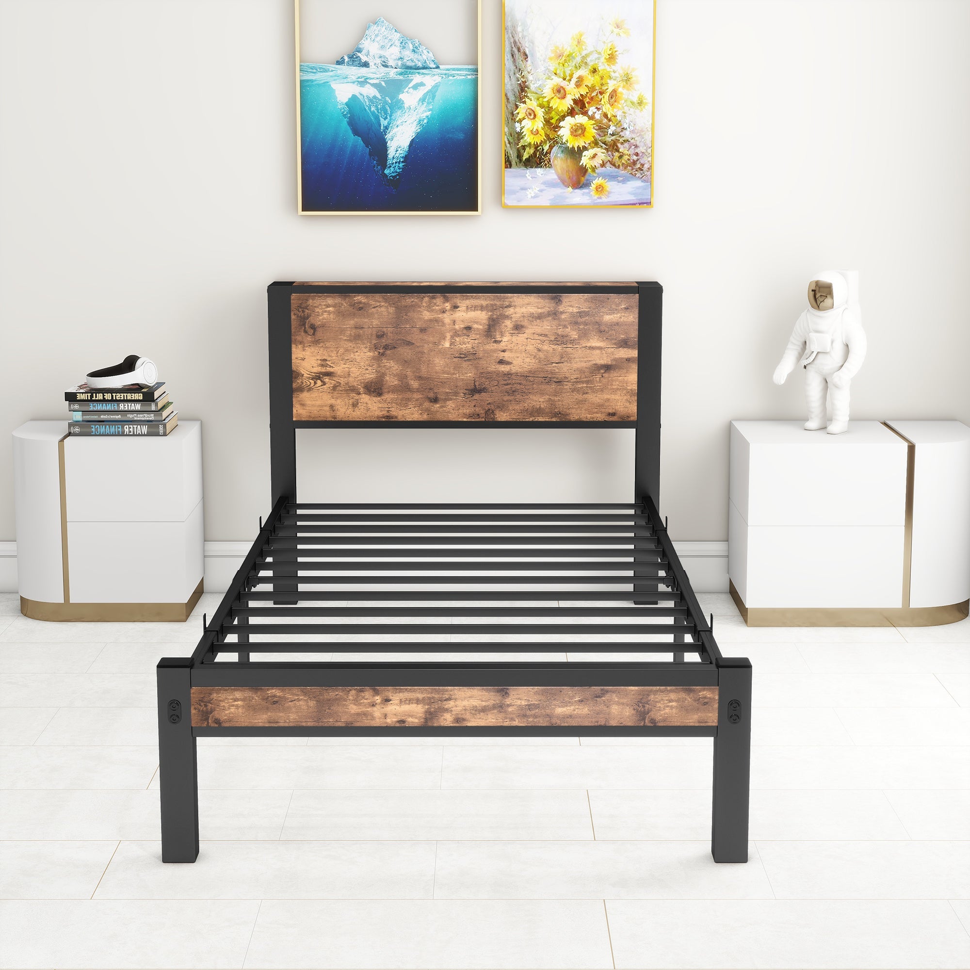 Metal Frame Single Bed, 90x200 cm with Storage Space, Vintage Brown