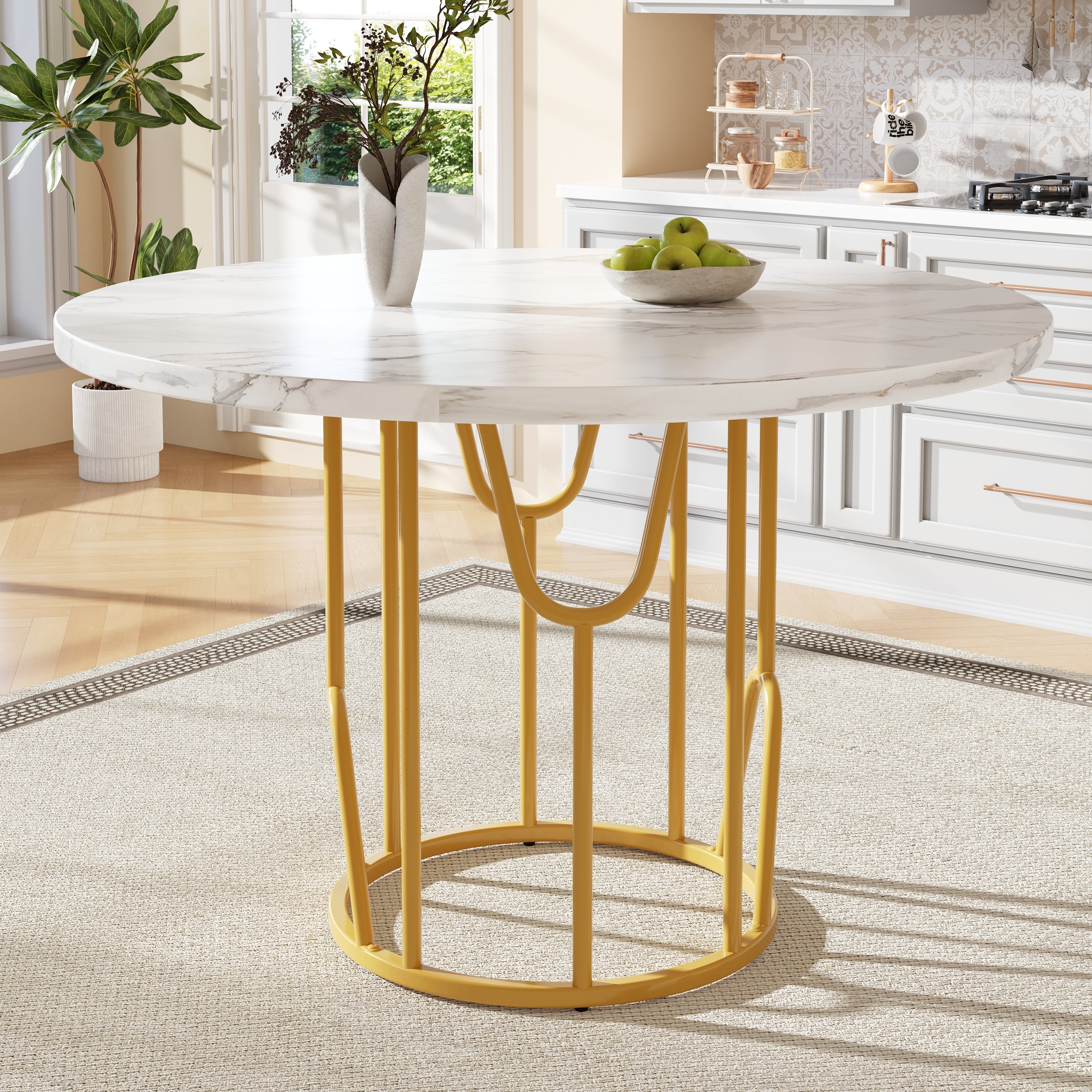 Round Dining Table 80cm 4-6 Seater Marbled MDF Gold Legs
