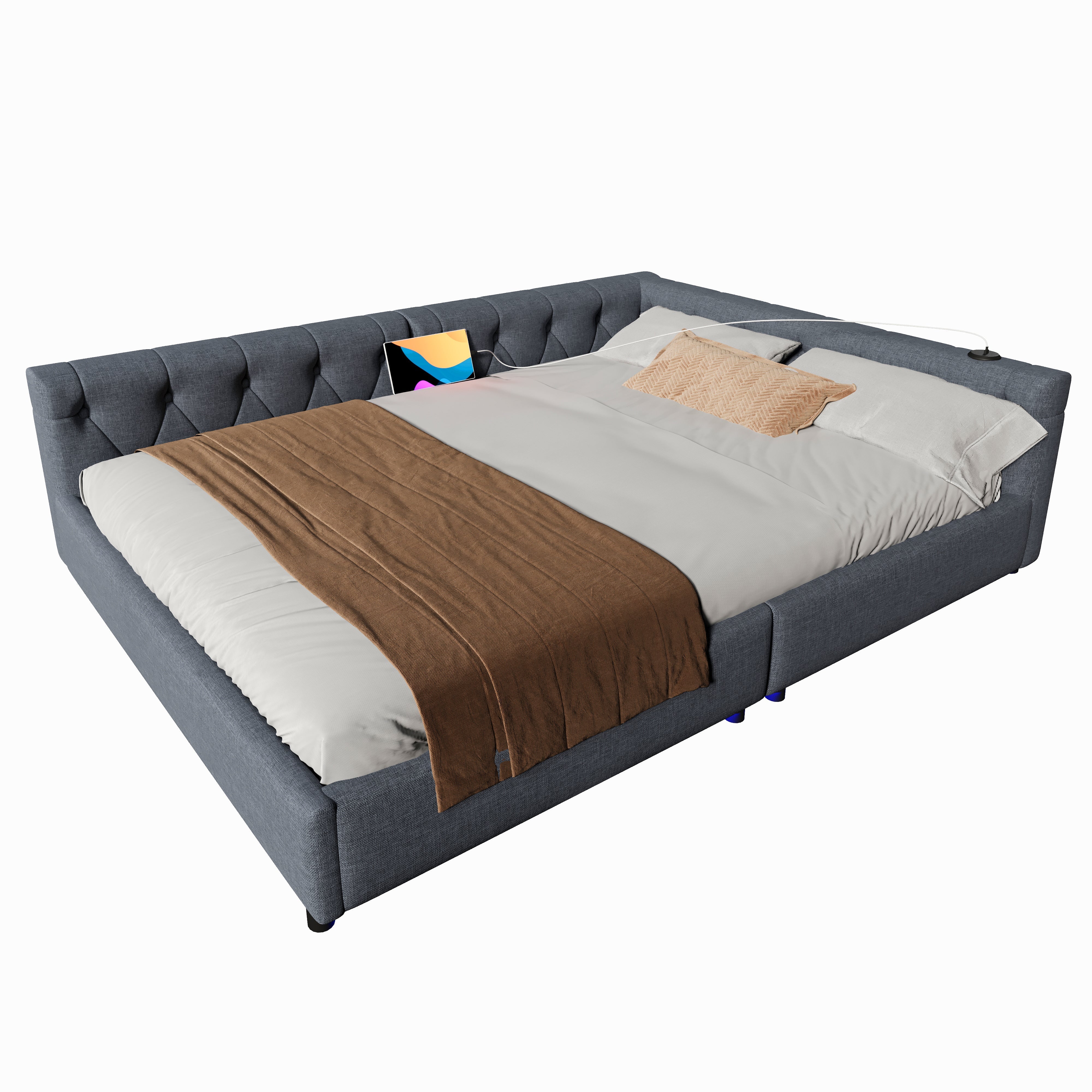 Daybed Sofa Bed 140x200cm LED USB/Type-C Button Tufted - Linen Grey