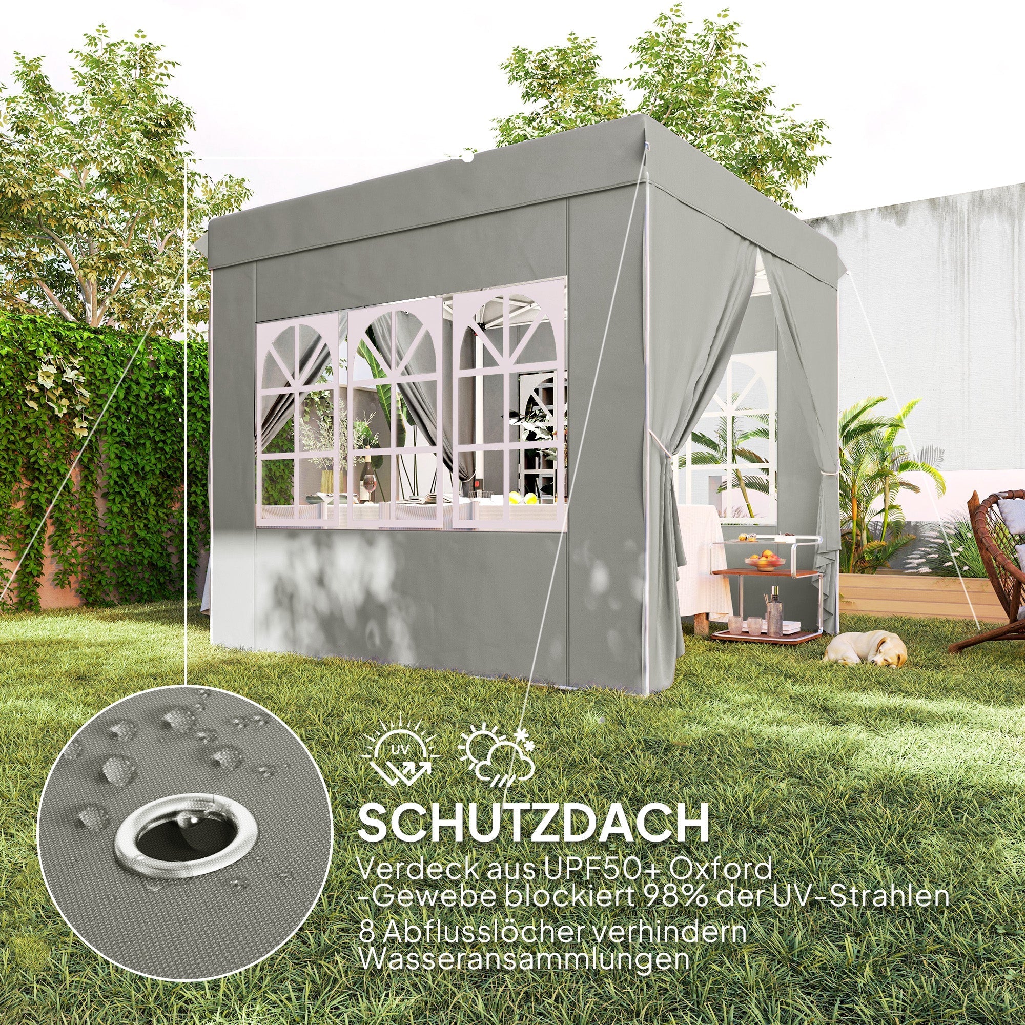 Pavilion 2.5x2.5m Pop-up Folding, Water-Repellent, UV 50+, 4 Side Panels, Light Grey