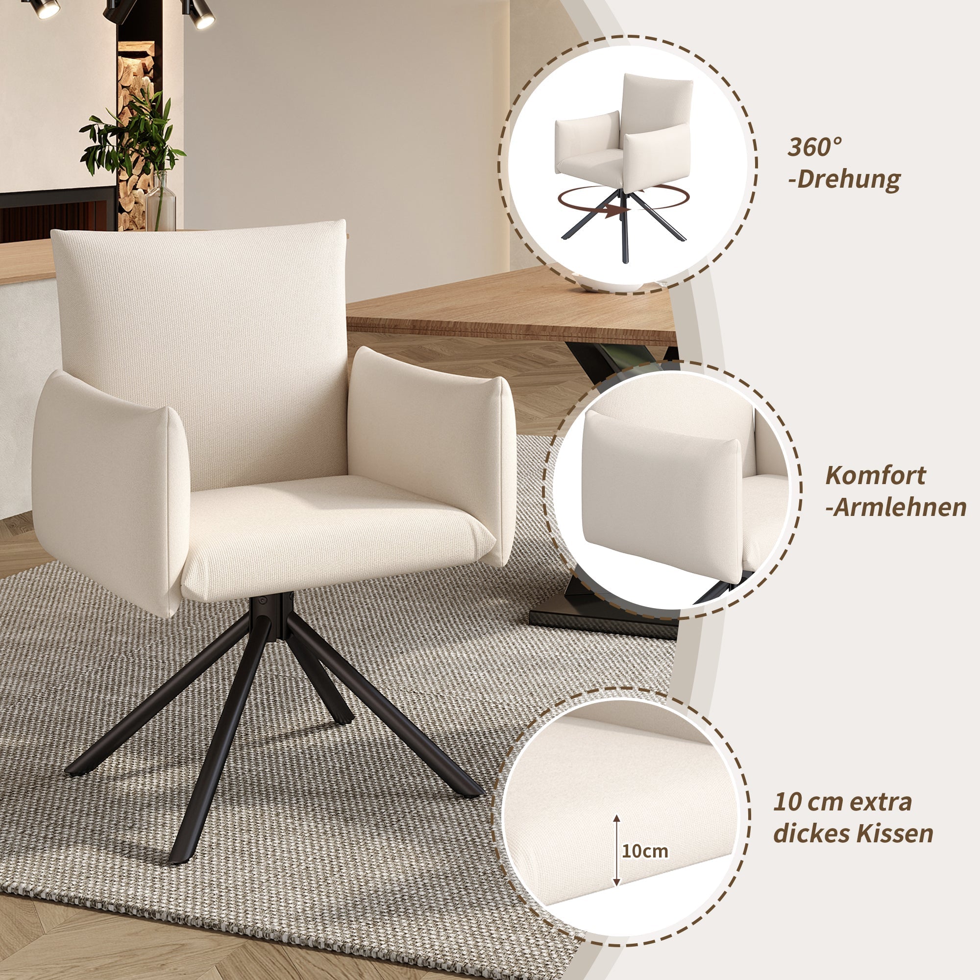 Dining Chairs Set of 6 Upholstered 360° Swivel Lumbar Support - Beige Linen