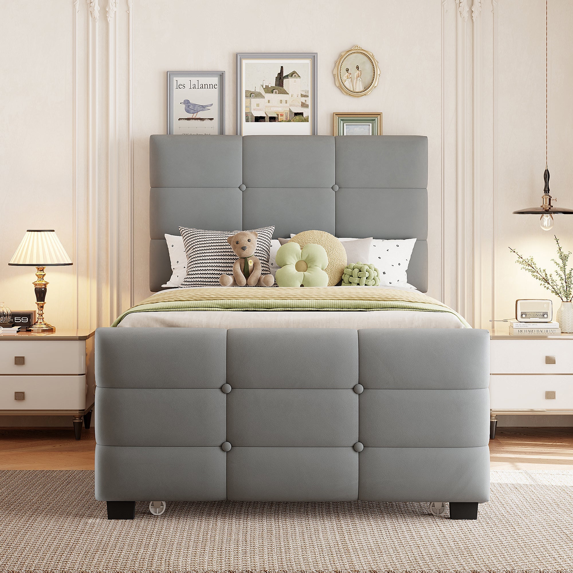Upholstered Bed with Pull-out Bed, 90x190cm, Grey Velvet Fabric