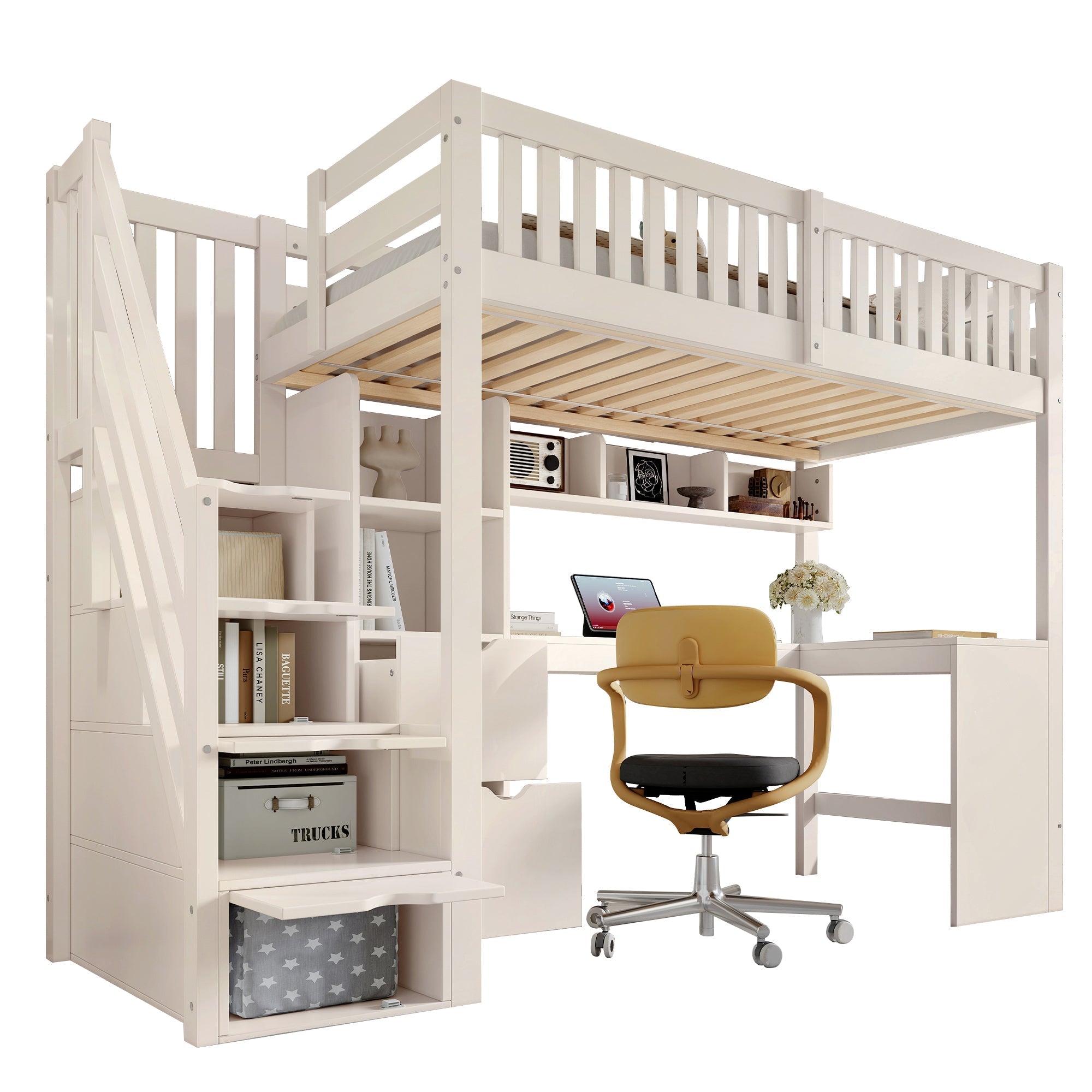 Children's Bunk Bed with Staircase, Corner Desk and Storage, White Pine Wood