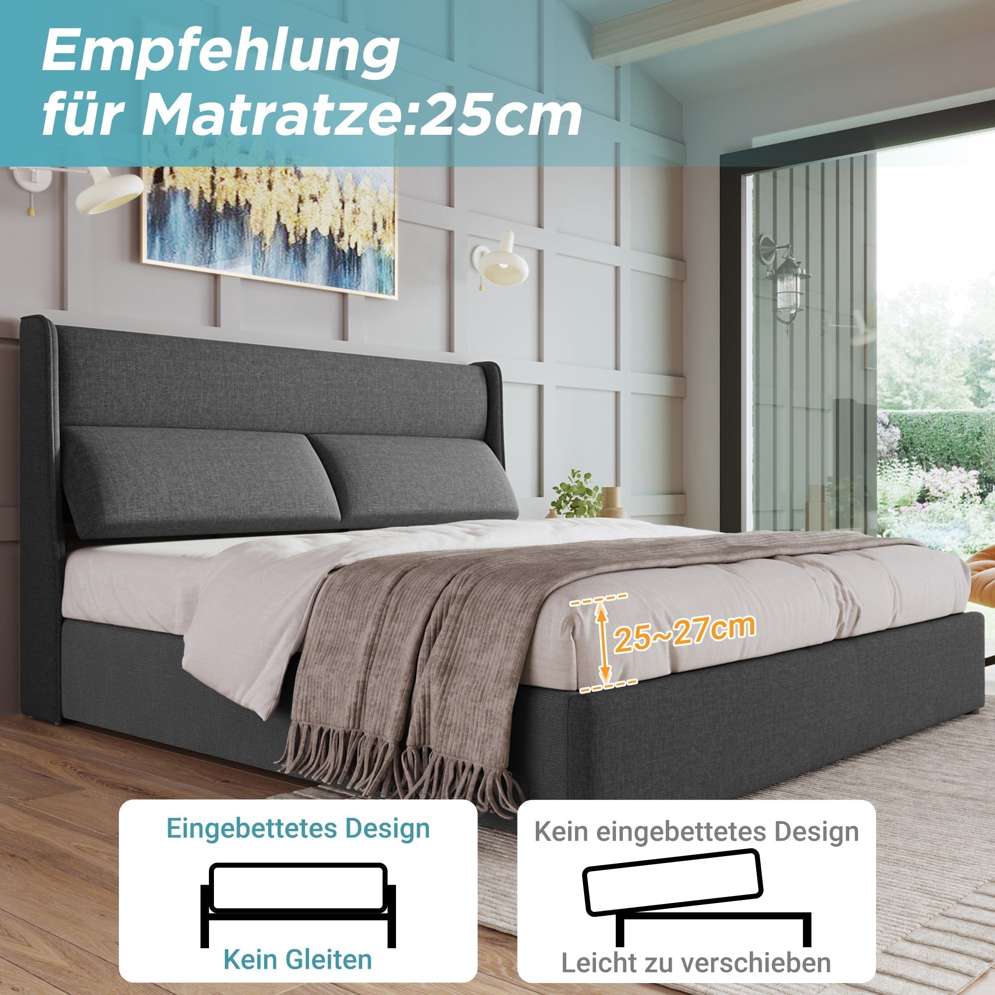 Upholstered Double Bed 140x200cm Hydraulic Storage Adjustable Headrests Metal Slatted Base - Grey Linen