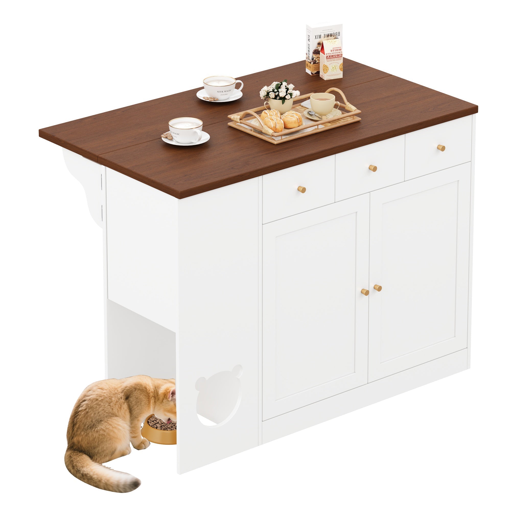 Kitchen Island Trolley Sideboard Drawers Pull-Out Worktop, White + Walnut Color