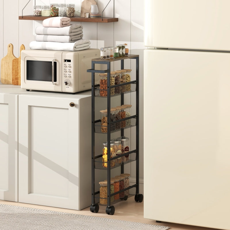 Kitchen Trolley 5-Tier with Worktop, Wheels & Handle - Black