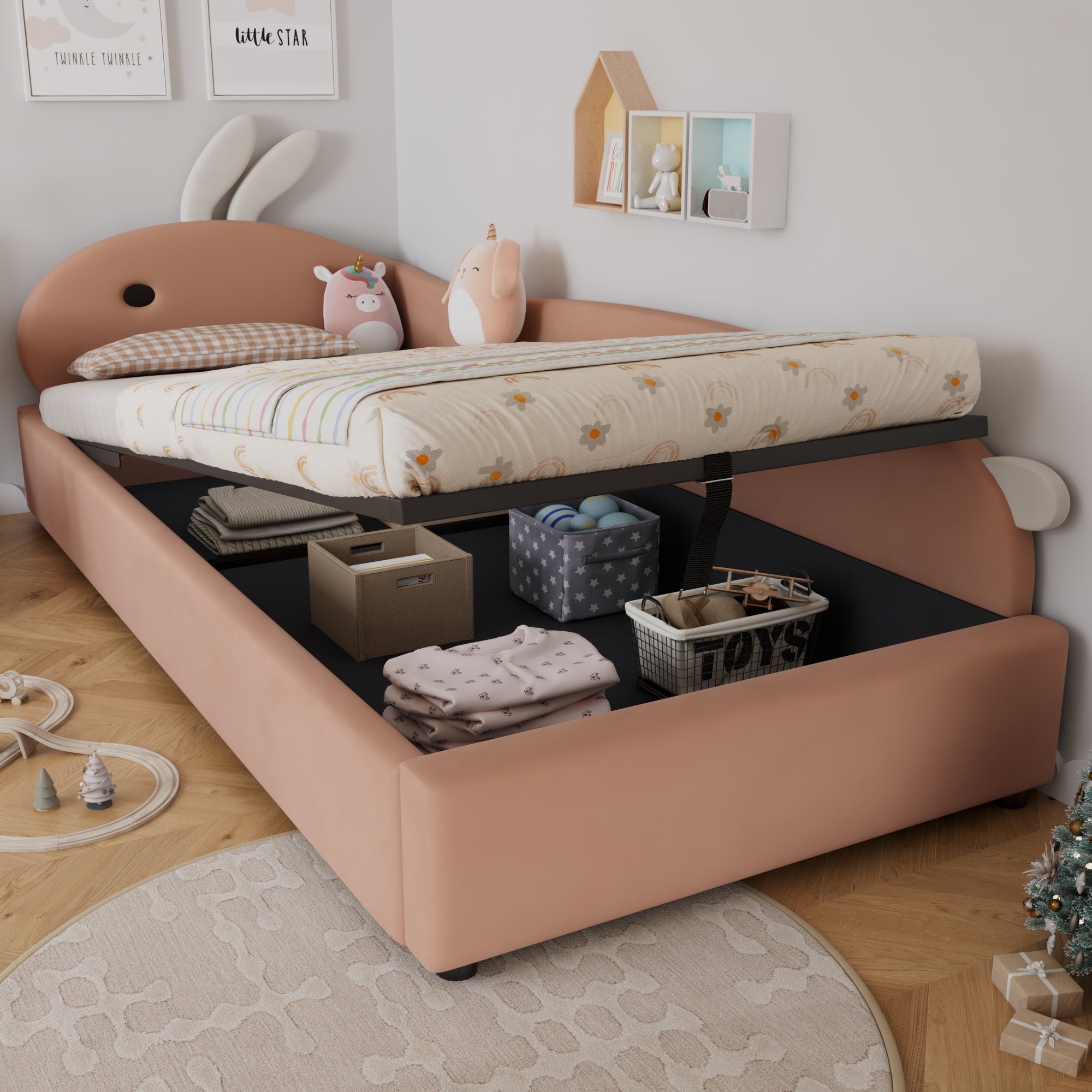 Upholstered Bed, Single Children's with Bunny Headboard & Hydraulic Storage, Velvet Pink+White