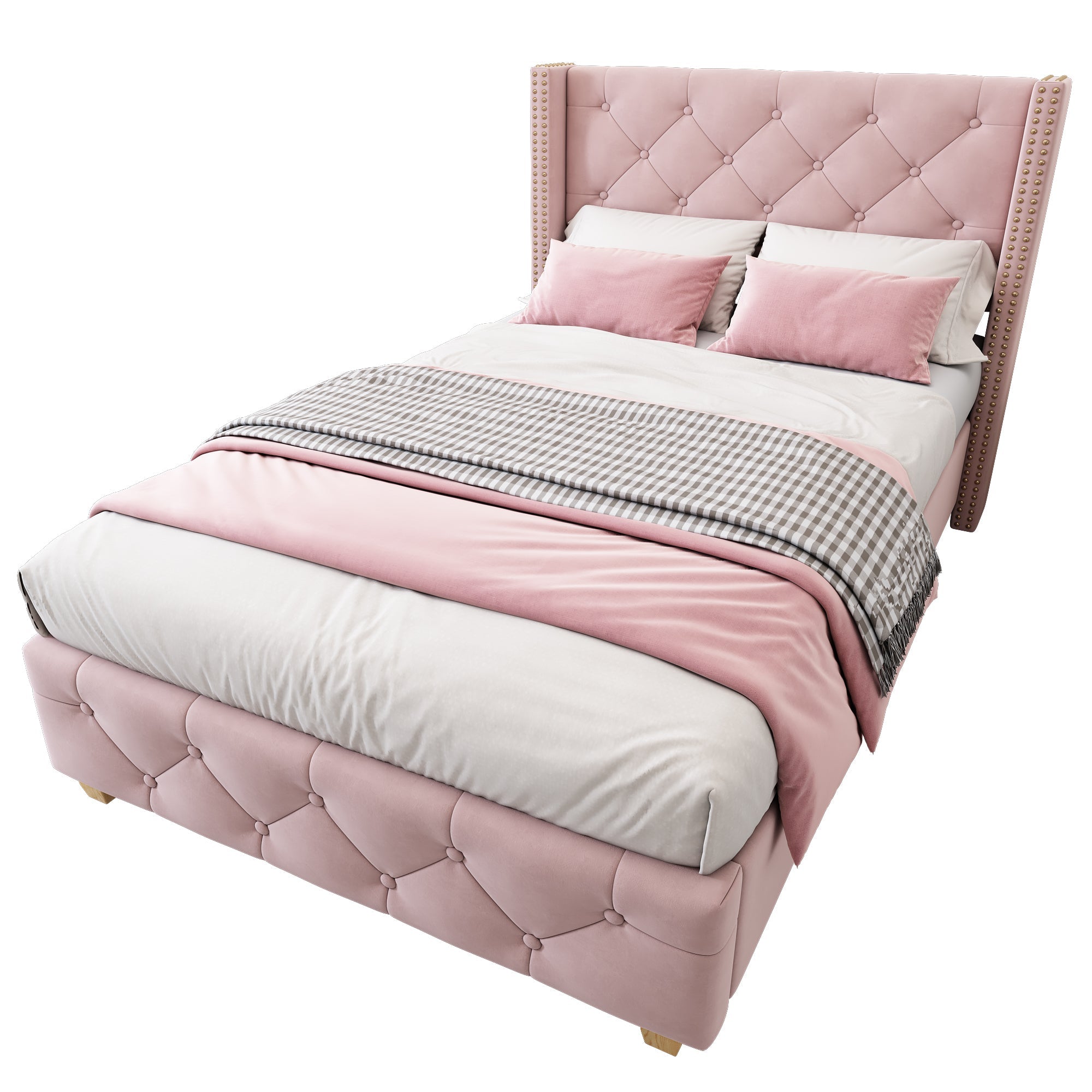 Upholstered Bed 90x200cm with Slatted Frame and Studded Buttoned Headboard, Pink Velvet