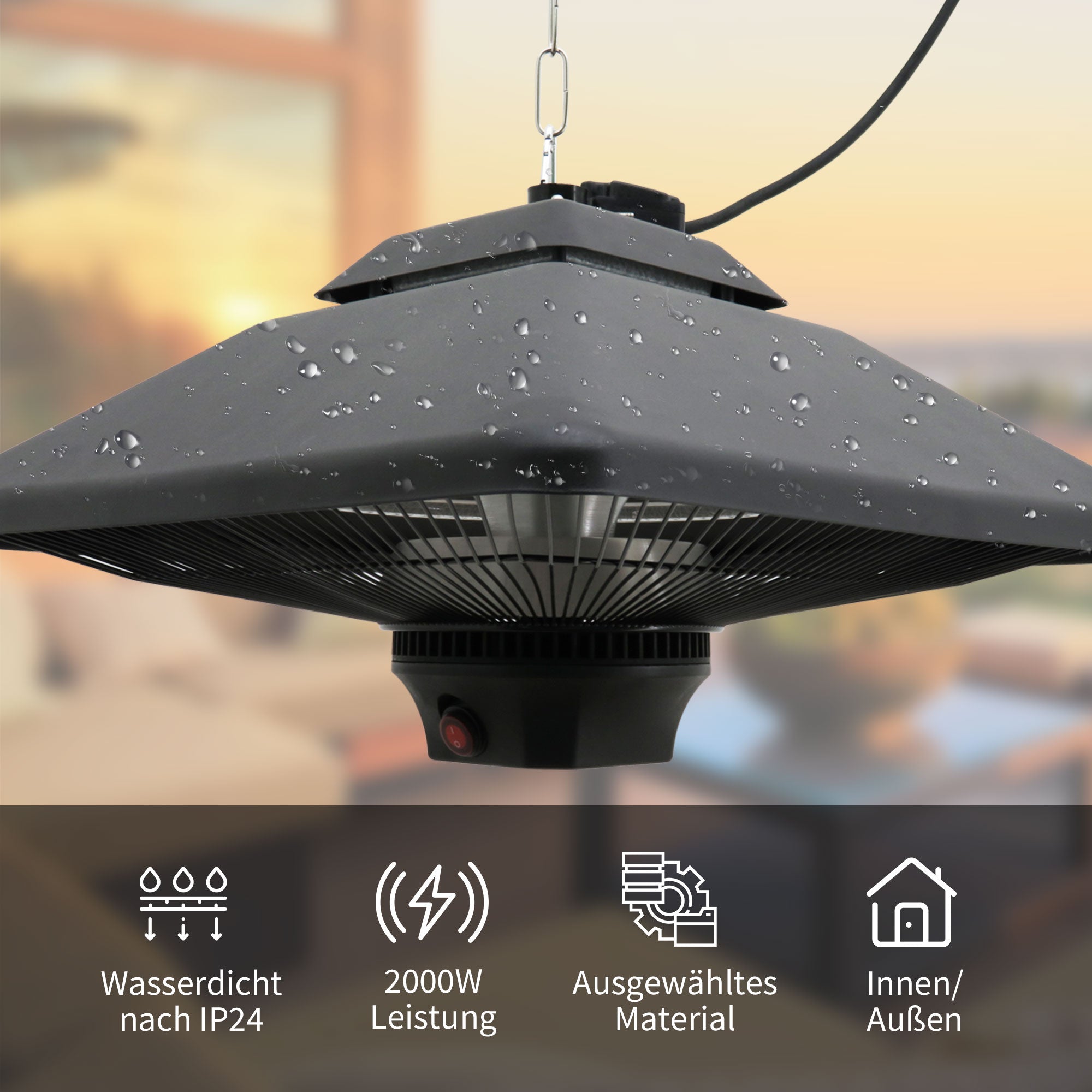 Patio Heater Ceiling Heater with Remote Control LED Lighting 2000W Black