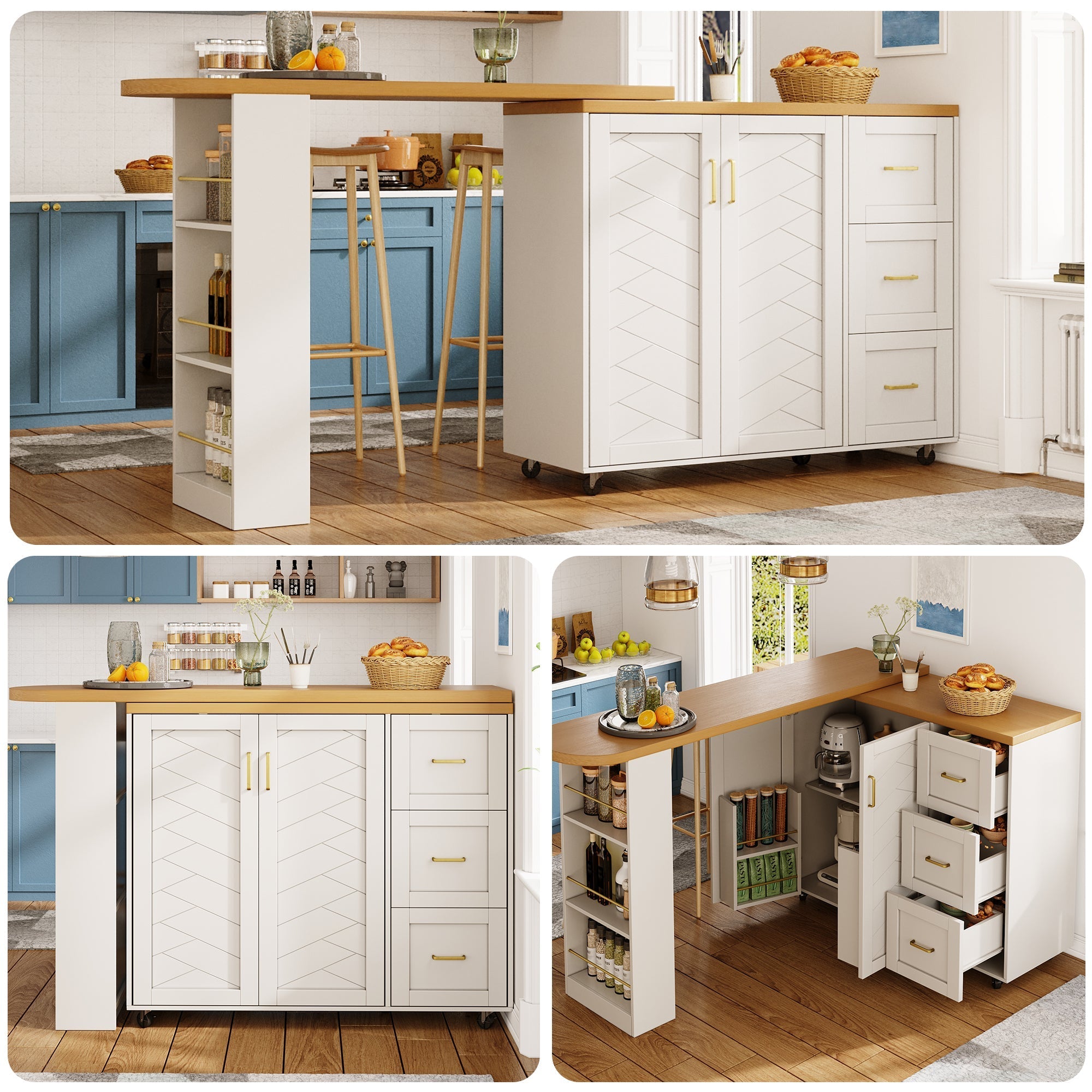 Extendable Bar Cart 2 Doors 3 Drawers Rolling Worktop White/Black Wood Look