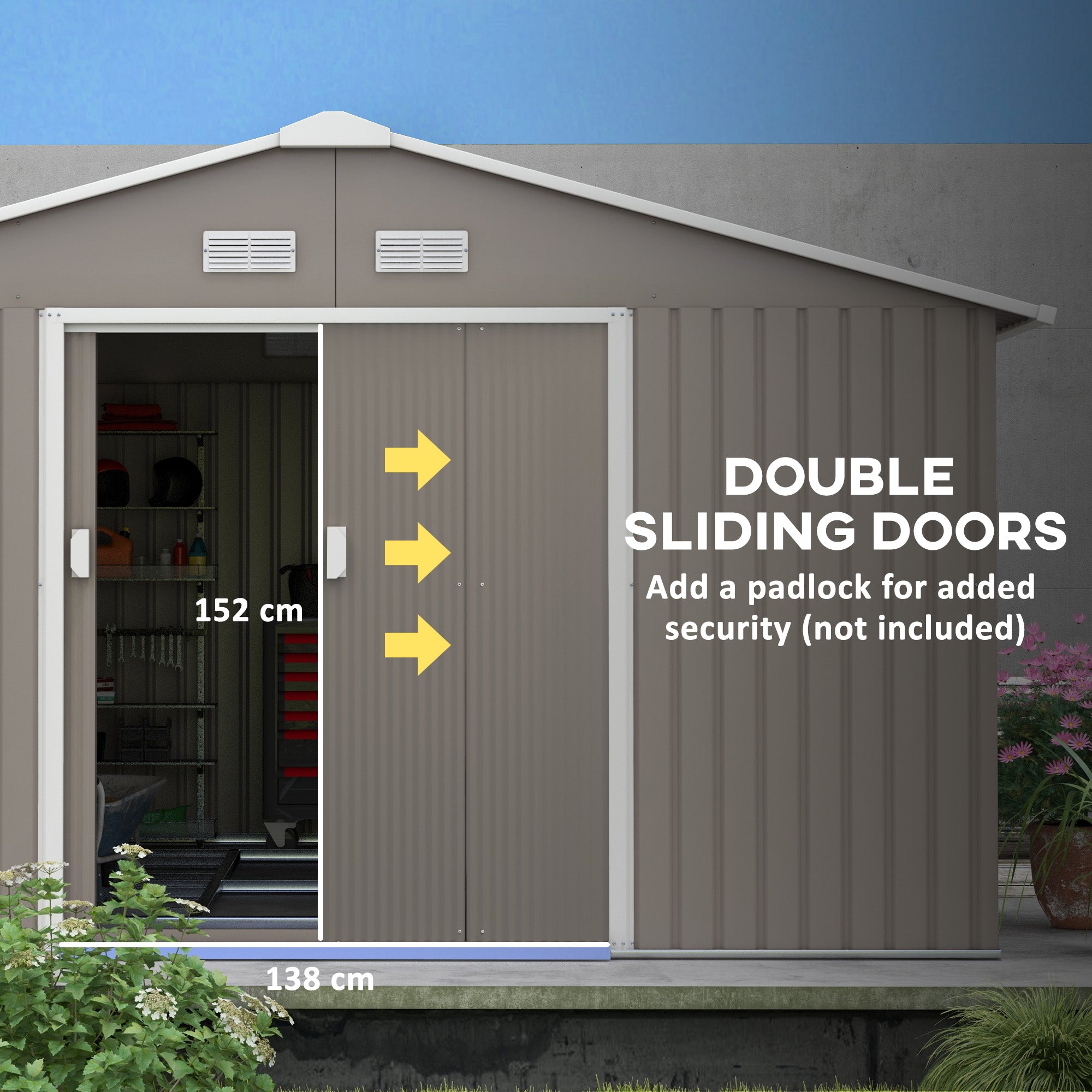 Large Garden Shed, Metal with Foundation Kit and Ventilation, Light Grey