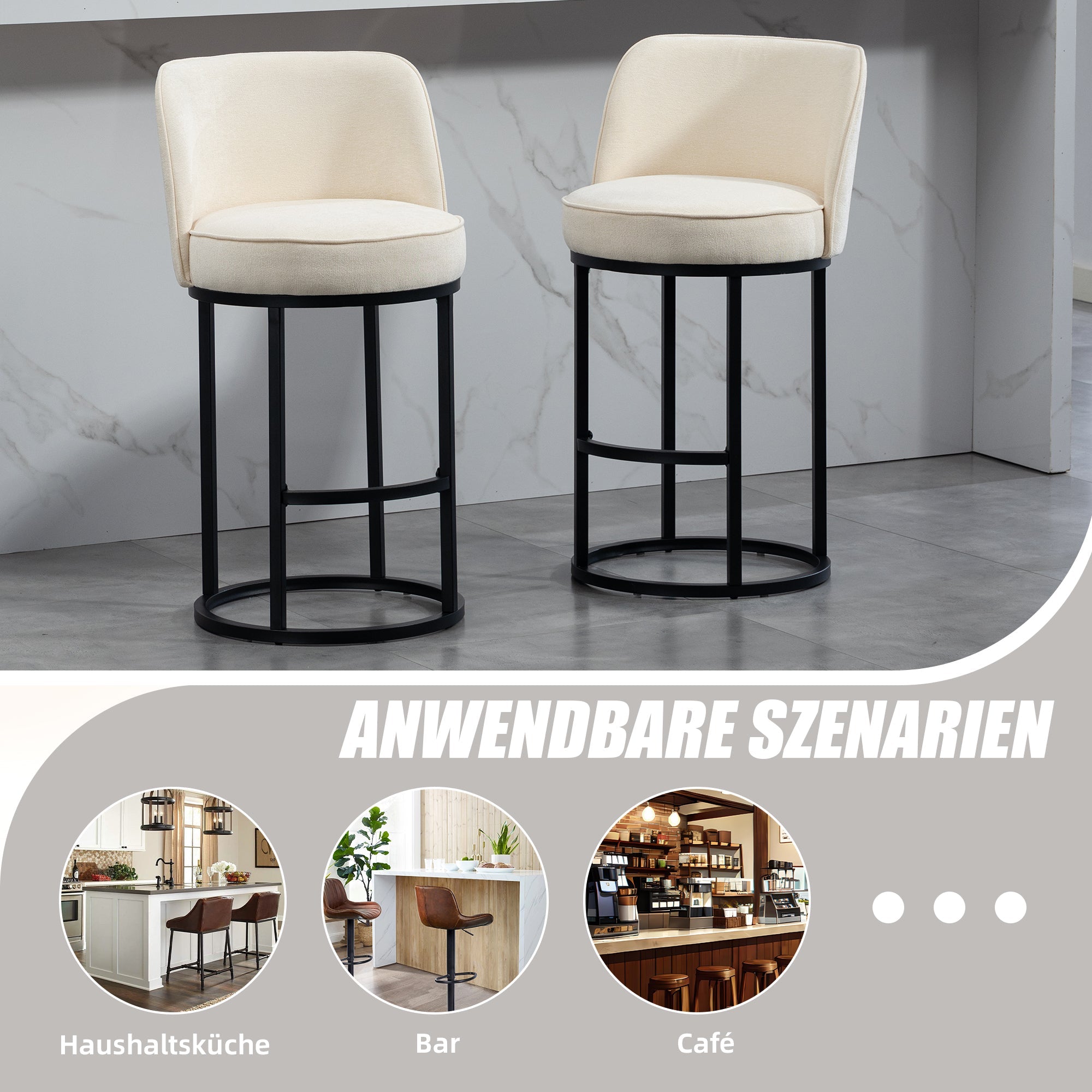 Modern Bar Stools with Ergonomic Backrest and Metal Legs, Set of 2, Linen