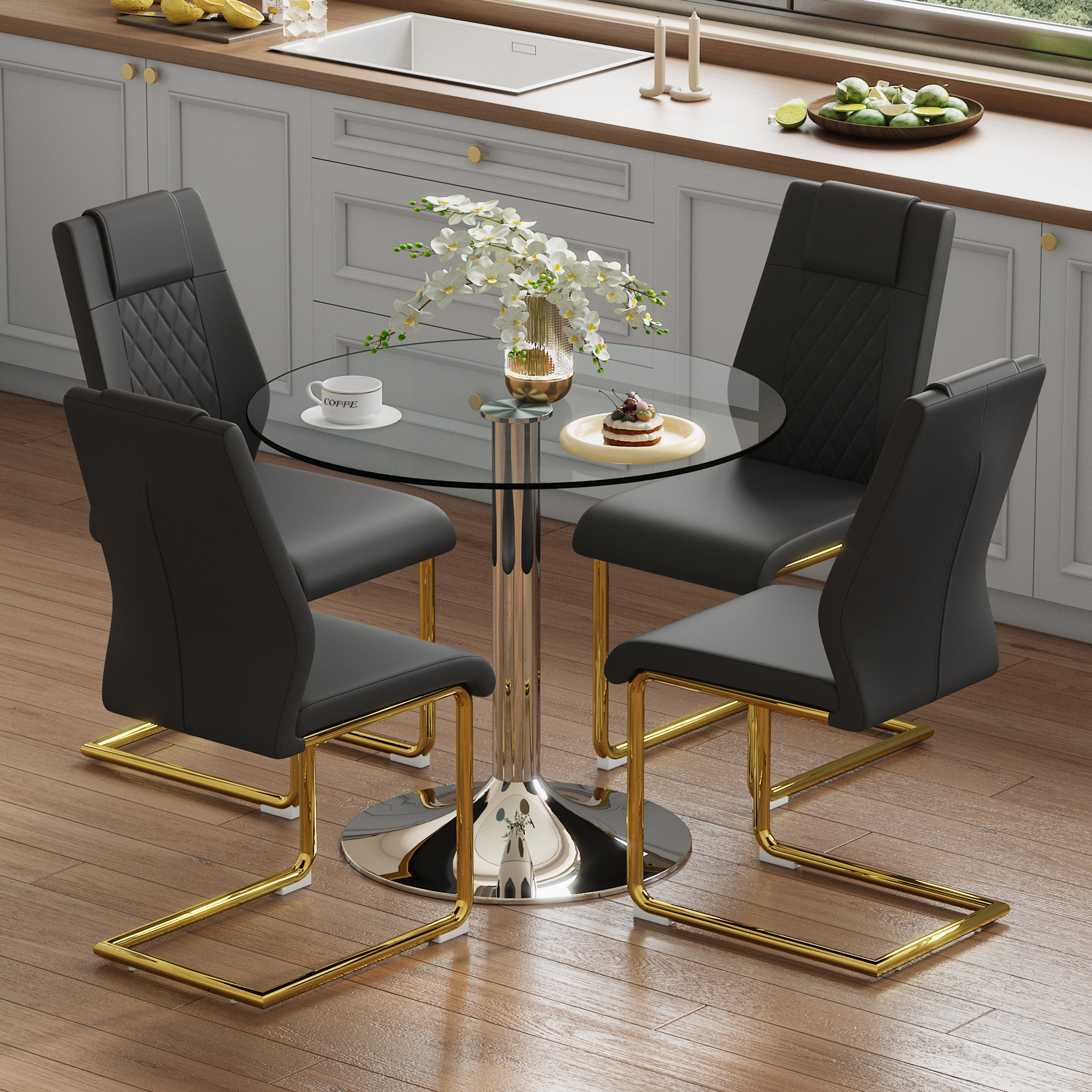 Dining Table Set Minimalist Glass 85cm 4 Chairs Gold Legs - Black PU