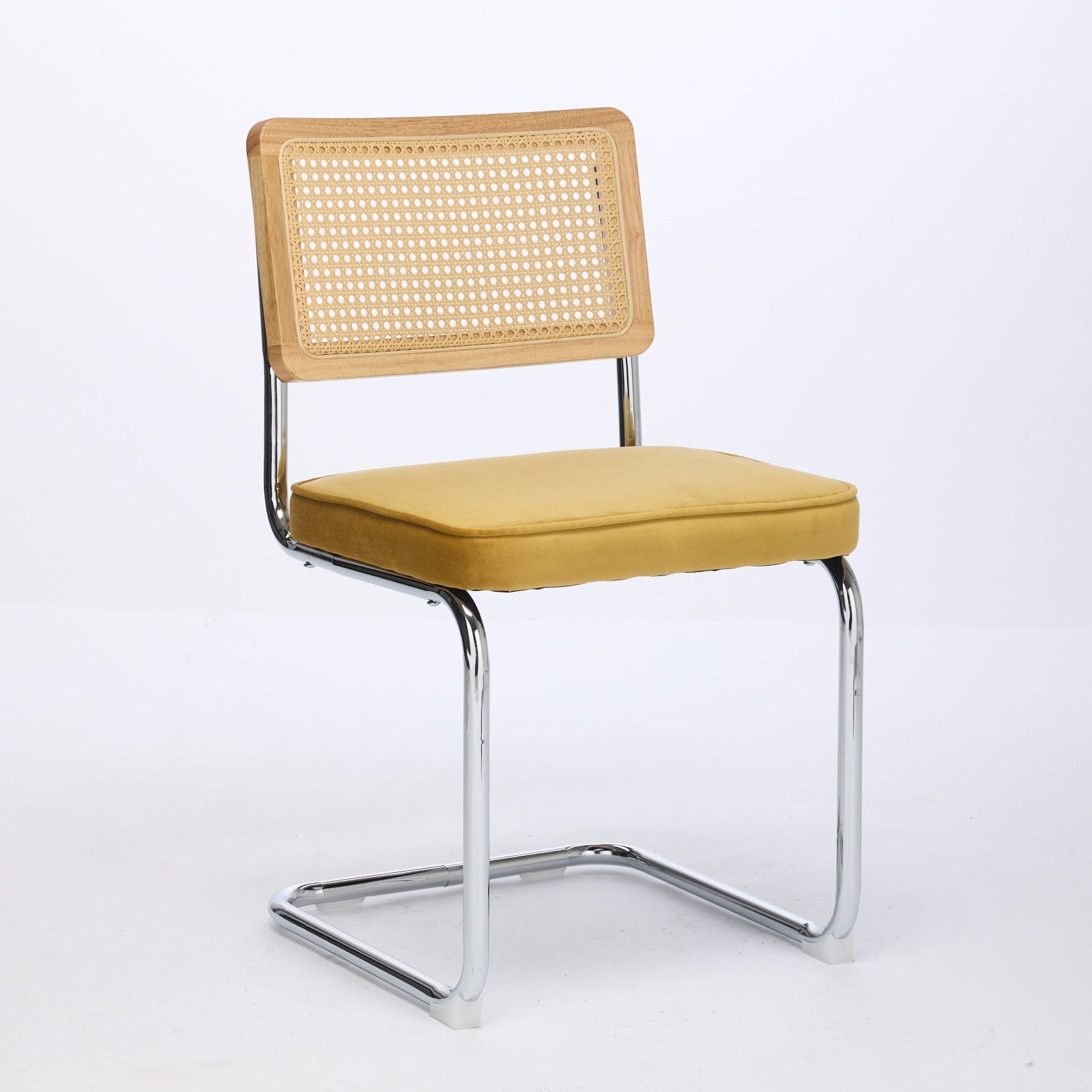 Mid Century Modern Dining Chairs Set of 2 - Velvet Cane Back Chrome Base - Golden Color