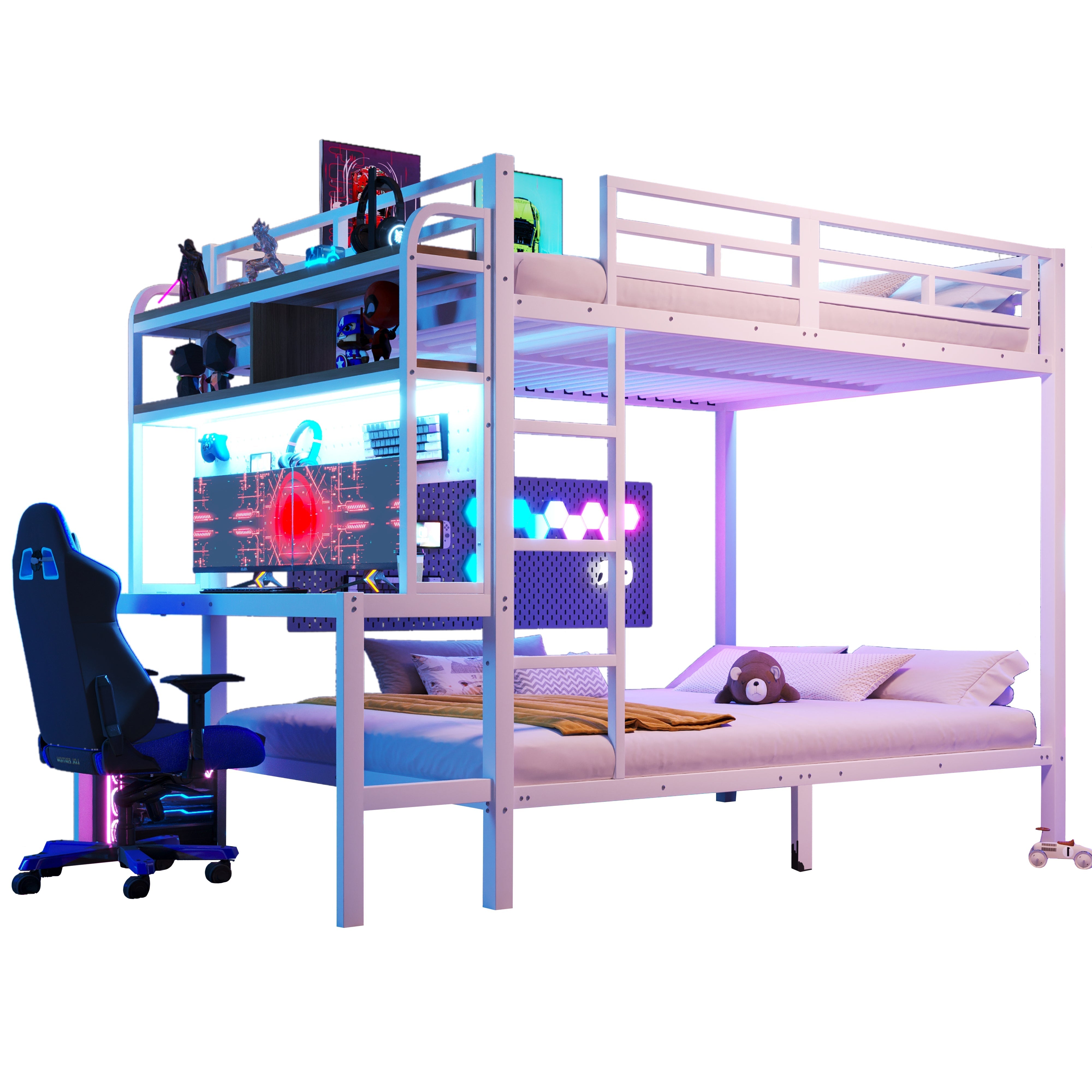 Bunk Bed 140x200cm Iron Frame Desk Storage LED Light USB White
