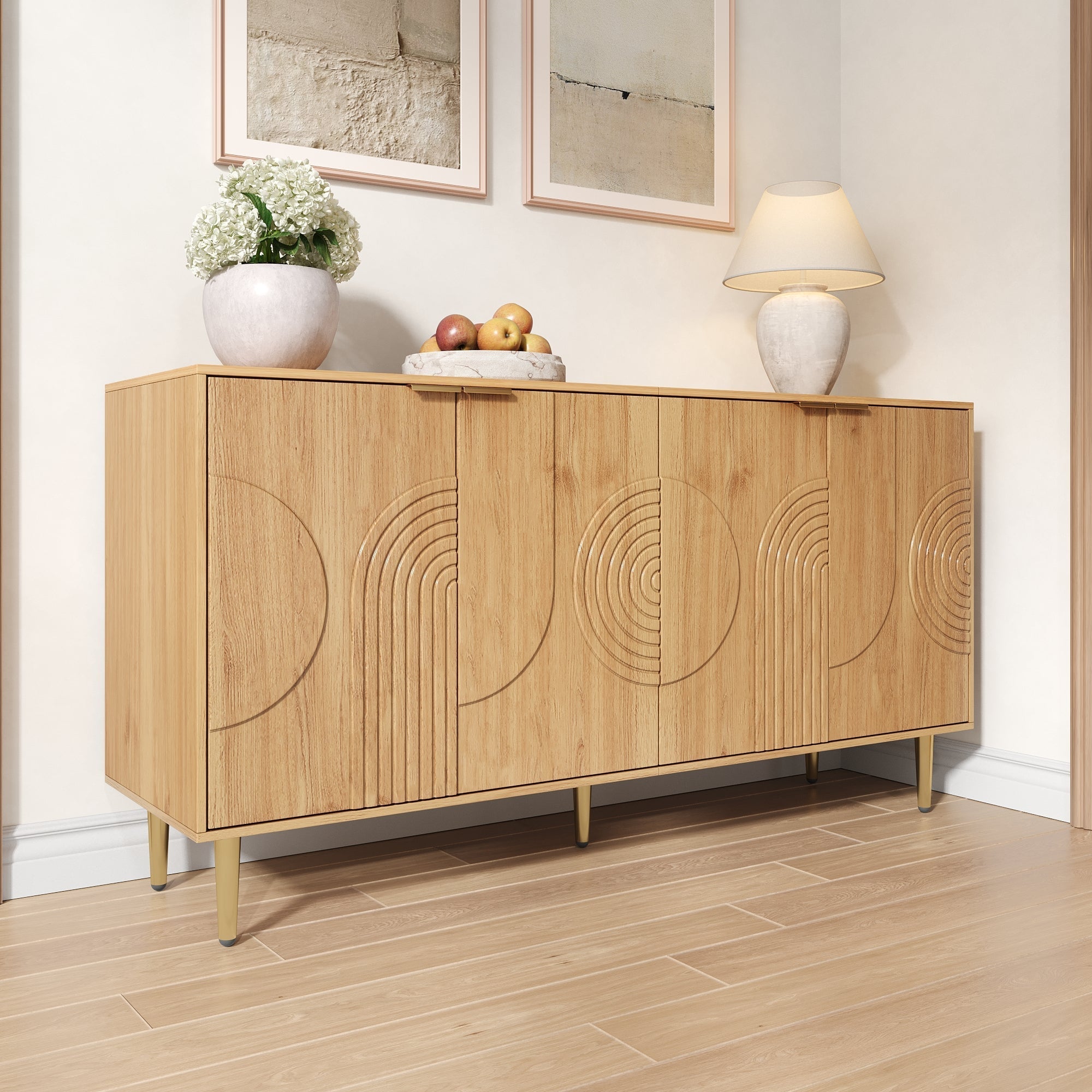Modern Sideboard with 4 Doors and Adjustable Shelves, Natural Wood Look
