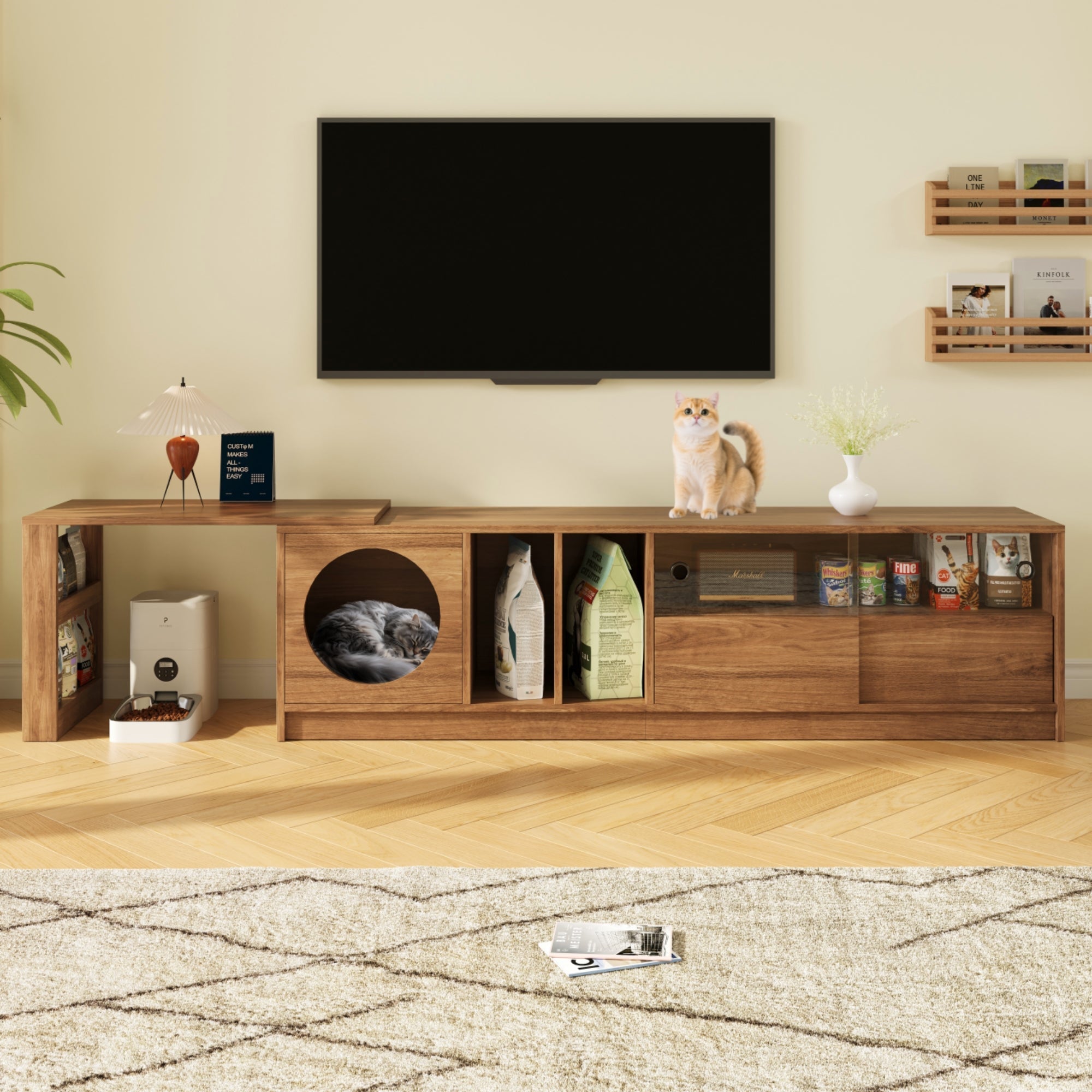 Modern Rotating TV Cabinet Extendable Pet-Friendly Glass Doors 180(+80)x40x50 cm - Walnut