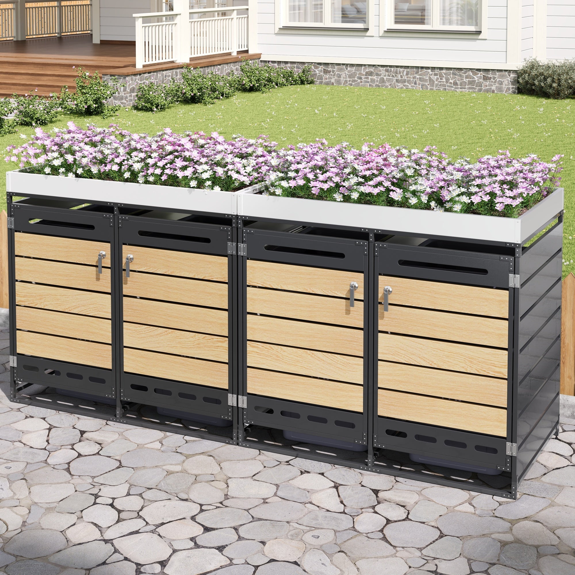 Bin Storage Unit with Planter Box, Slotted Ventilation and Lock, Iron with Wood-Look Slats