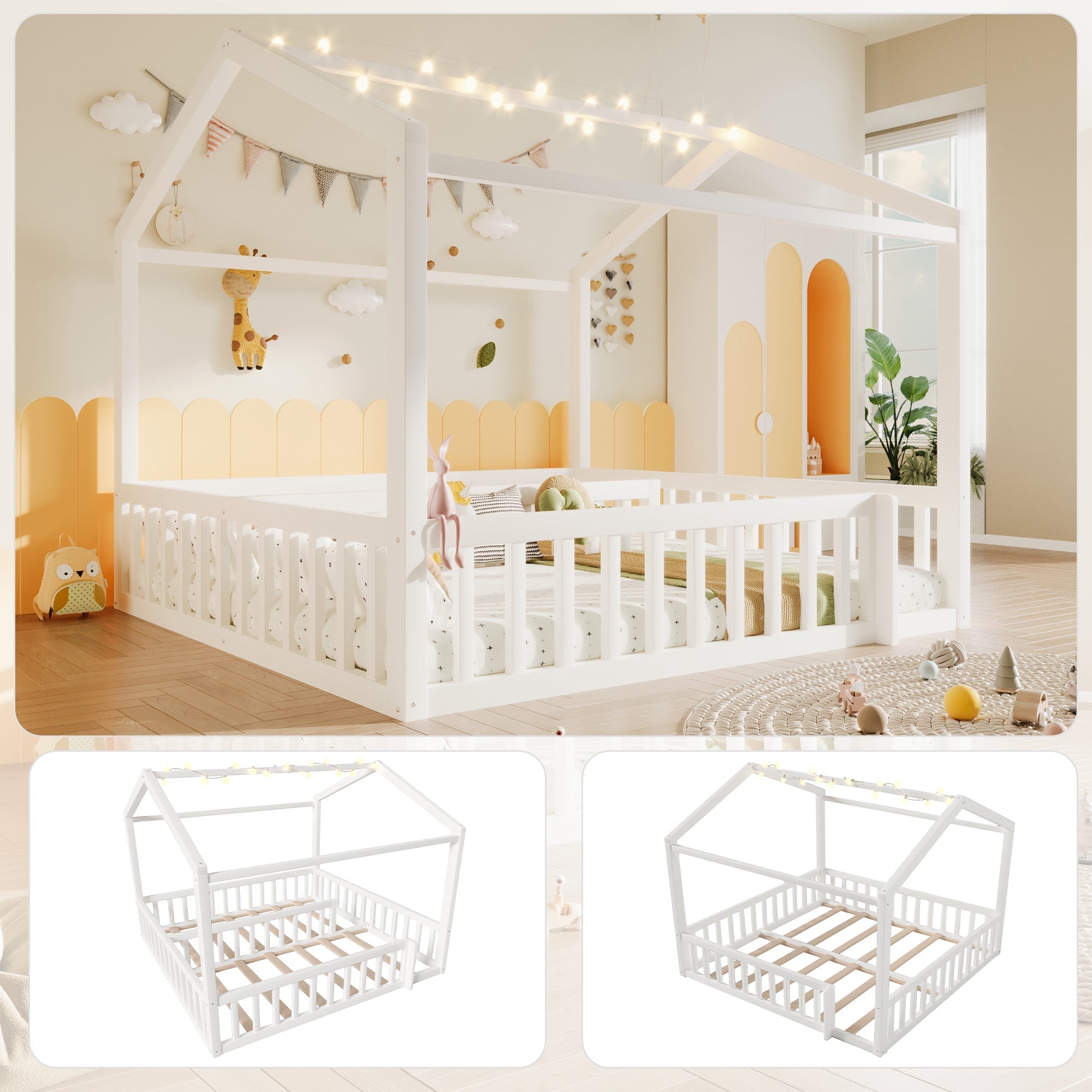 Flatbed Convertible Children's Bed 90x190cm to 180x190cm House Rail LED Lights Pine Wood White