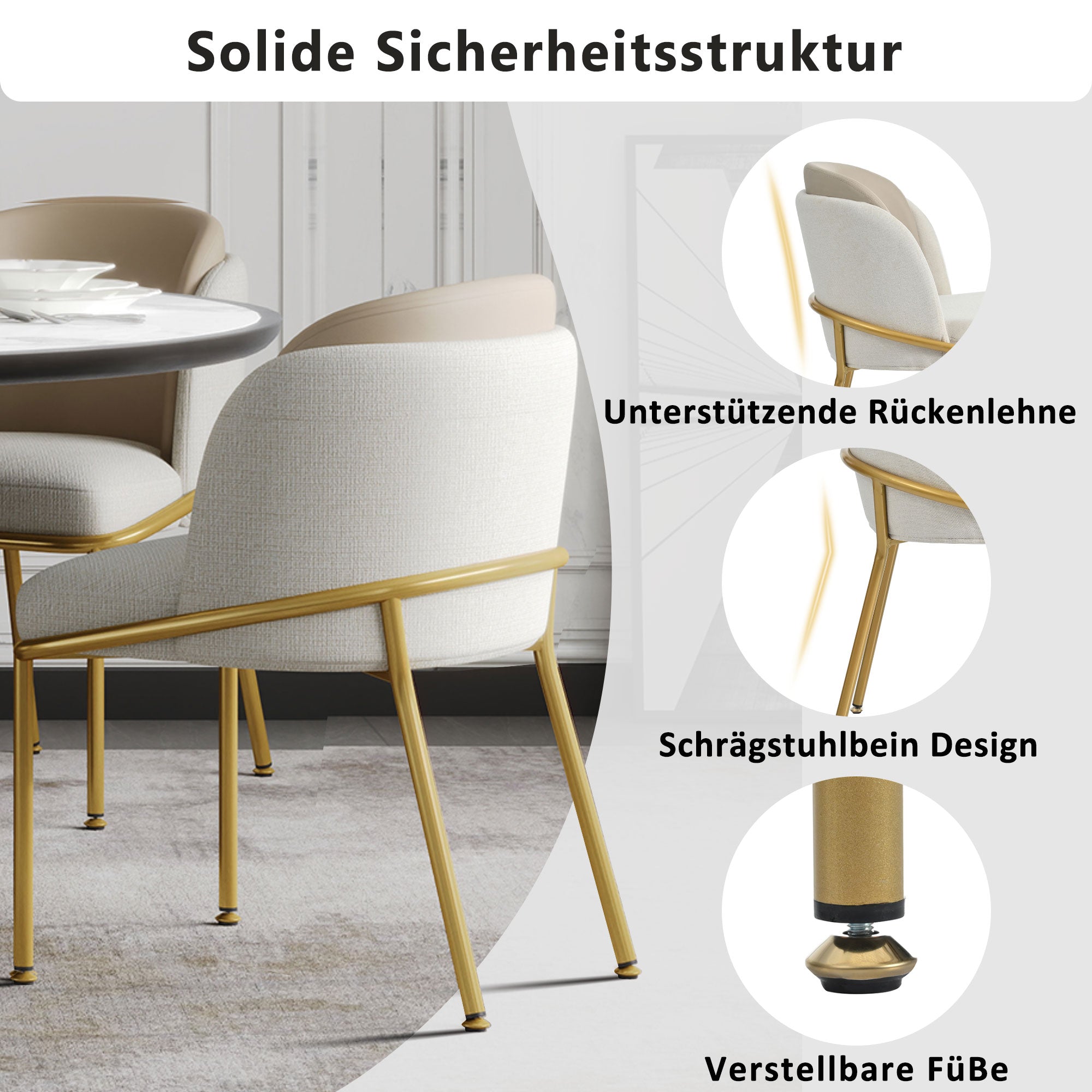 6 Modern Chairs, Angled Legs Adjustable Feet, Beige