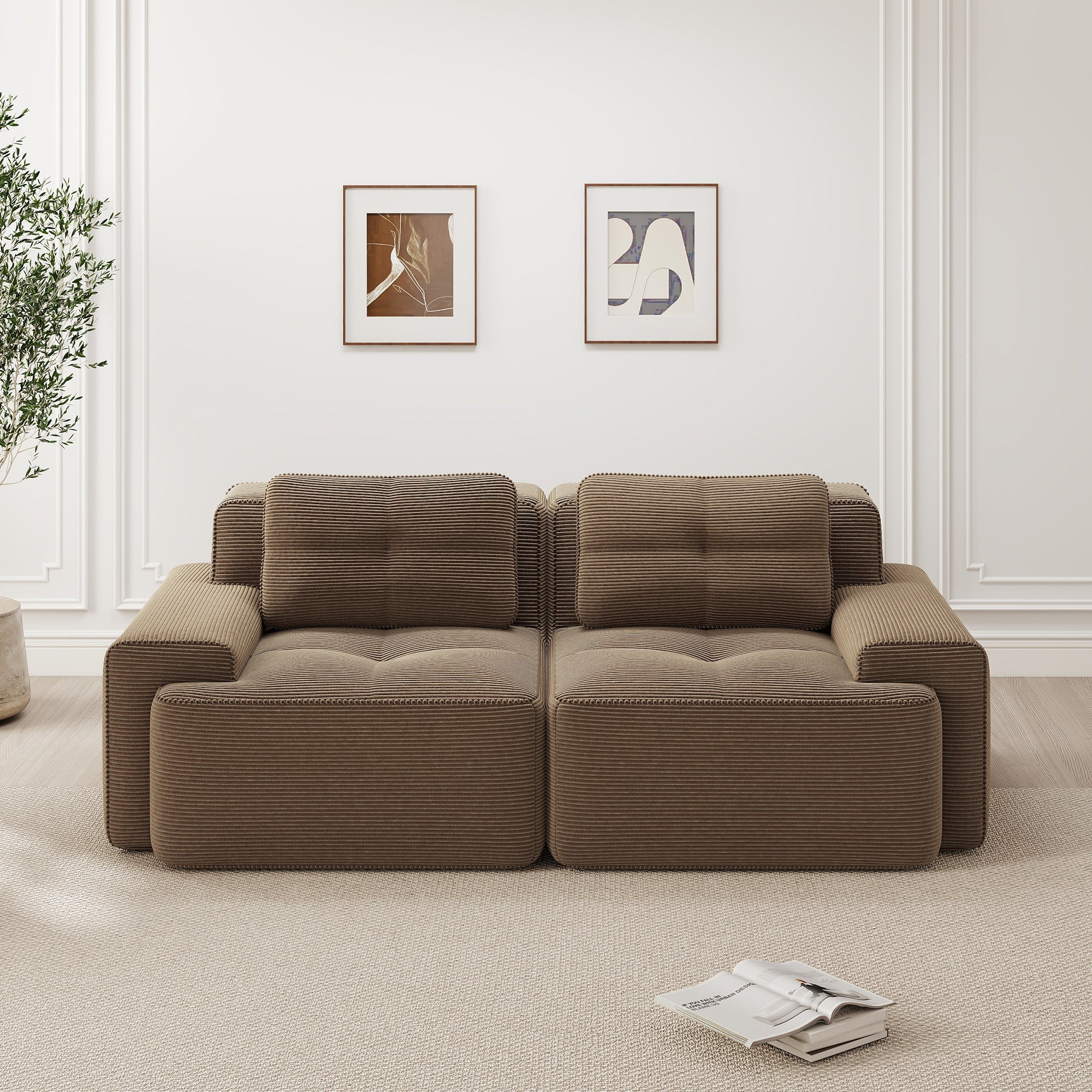 Boneless Modular Sofa Deep Seat Sleeper Loveseat - Brown Corduroy