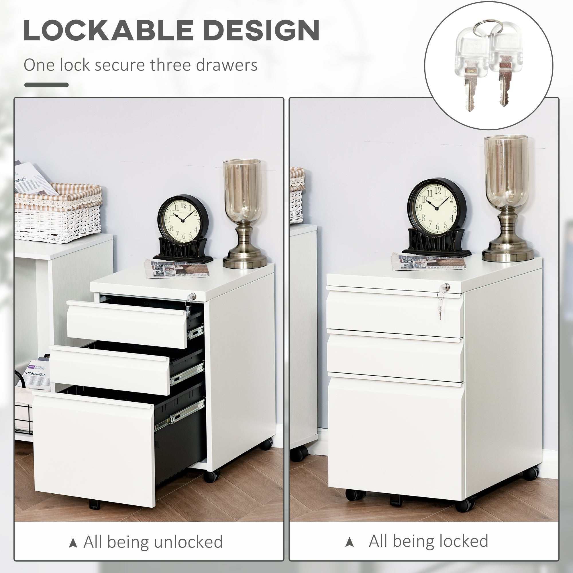 3 Drawer Filing Cabinet, Anti-tilt Mobile Storage for Letter/A4/Legal, White Metal
