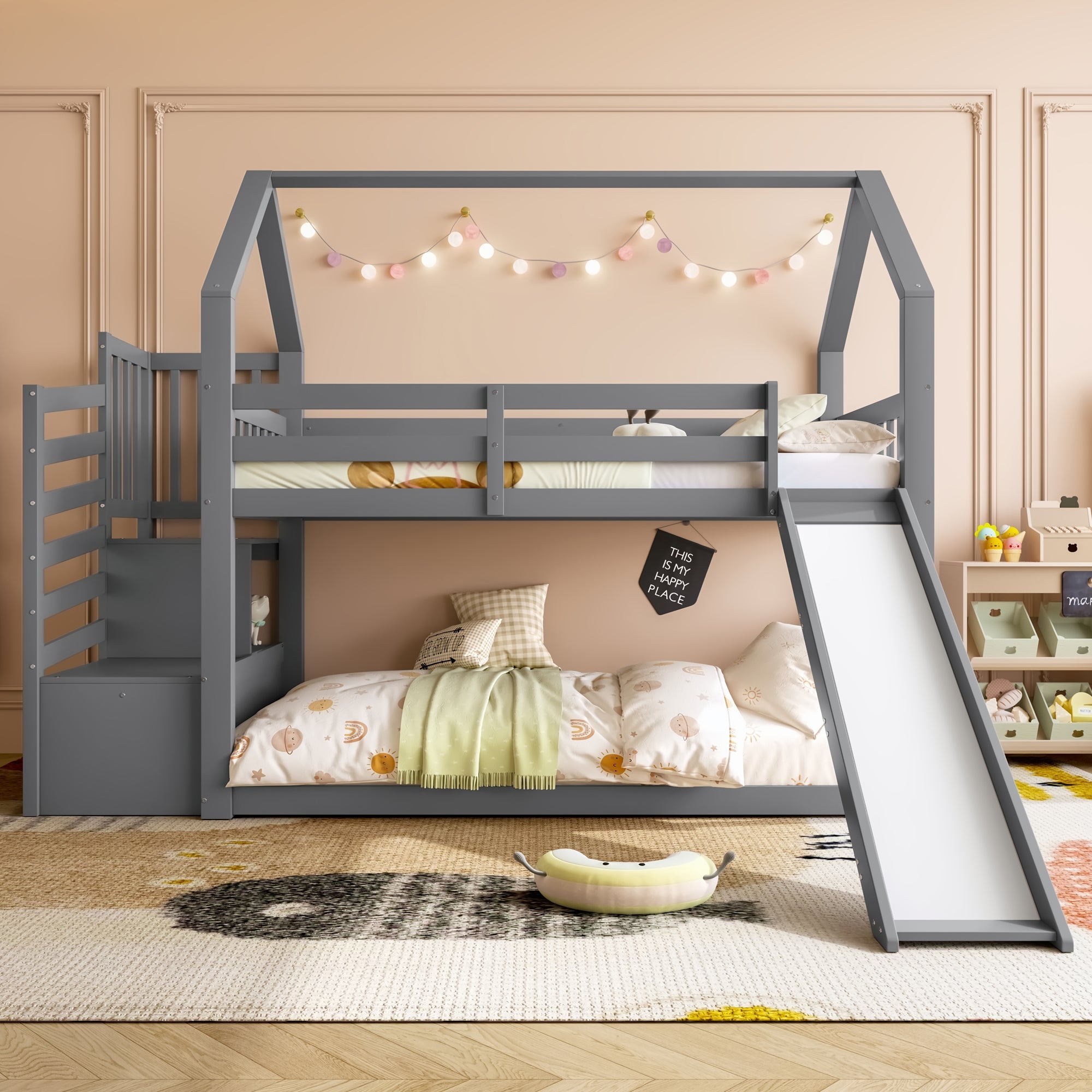 Bunk Bed House Bed 90x200cm Storage Stairs Slide Railing, Grey