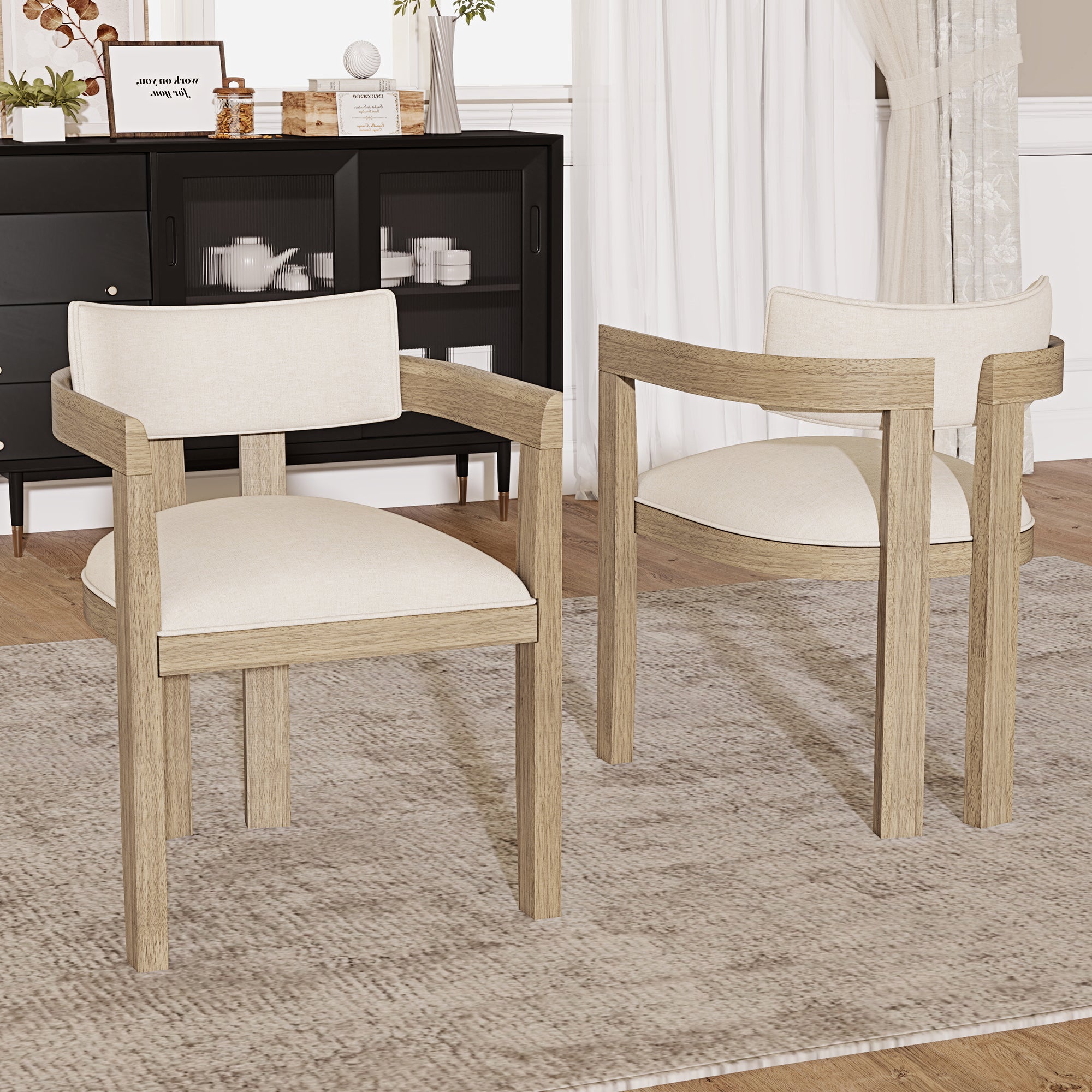Solid Wood Dining Chairs Set of 6, Modern Style for Dining and Living Room, Linen Fabric Natural Color