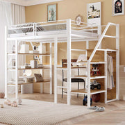 Loft Bed, 140x200cm with Storage Shelf, Desk, Wardrobe, Safety Steps, Iron, White