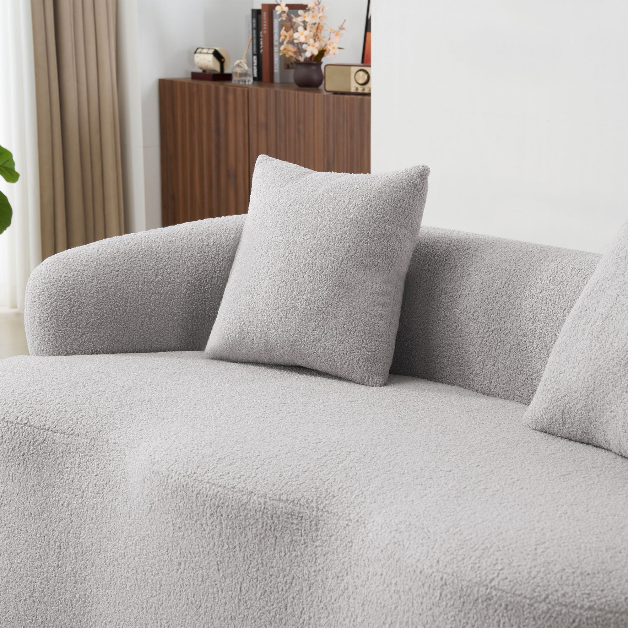 Curved Double Sofa, Compression Bedroom Couch with 2 Pillows and Round Arms, Light Grey