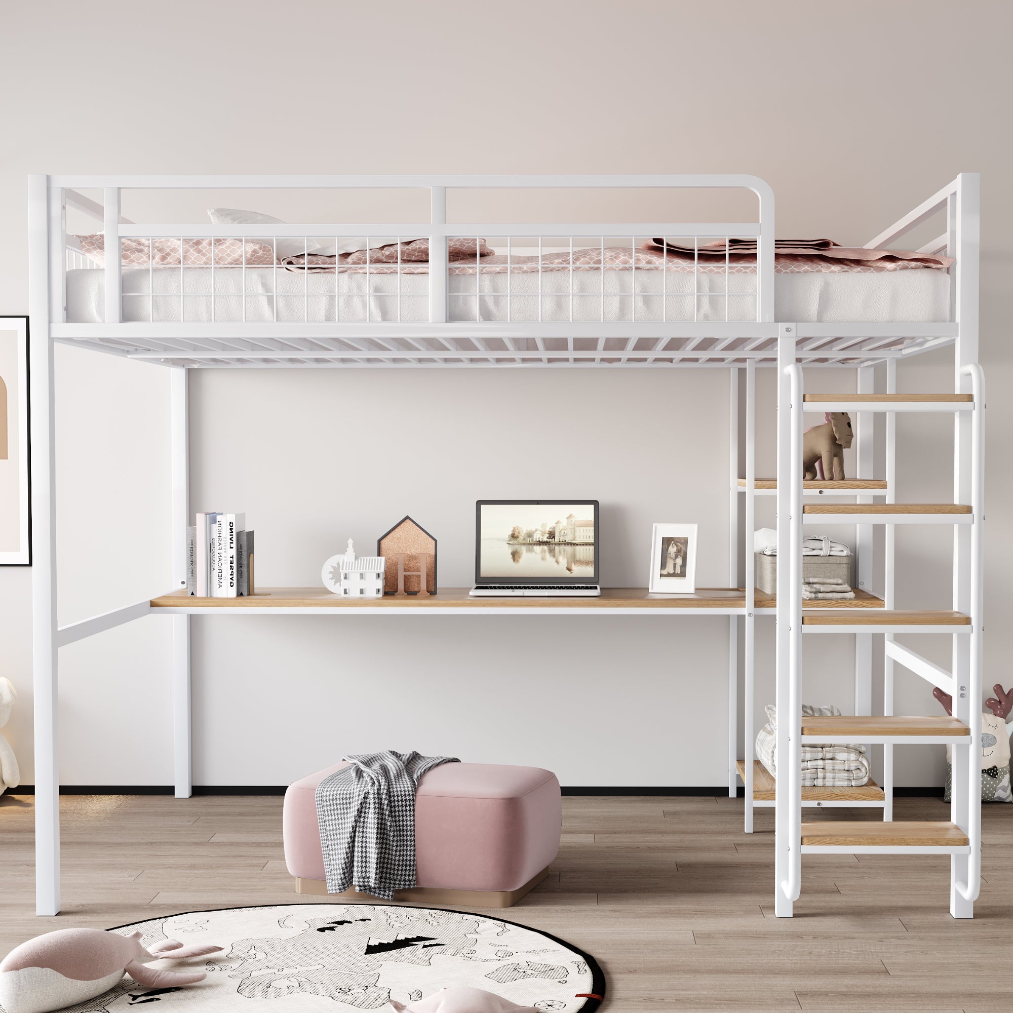 Metal Loft Bed 140*200 cm with Ladder, Table & Shelf, White
