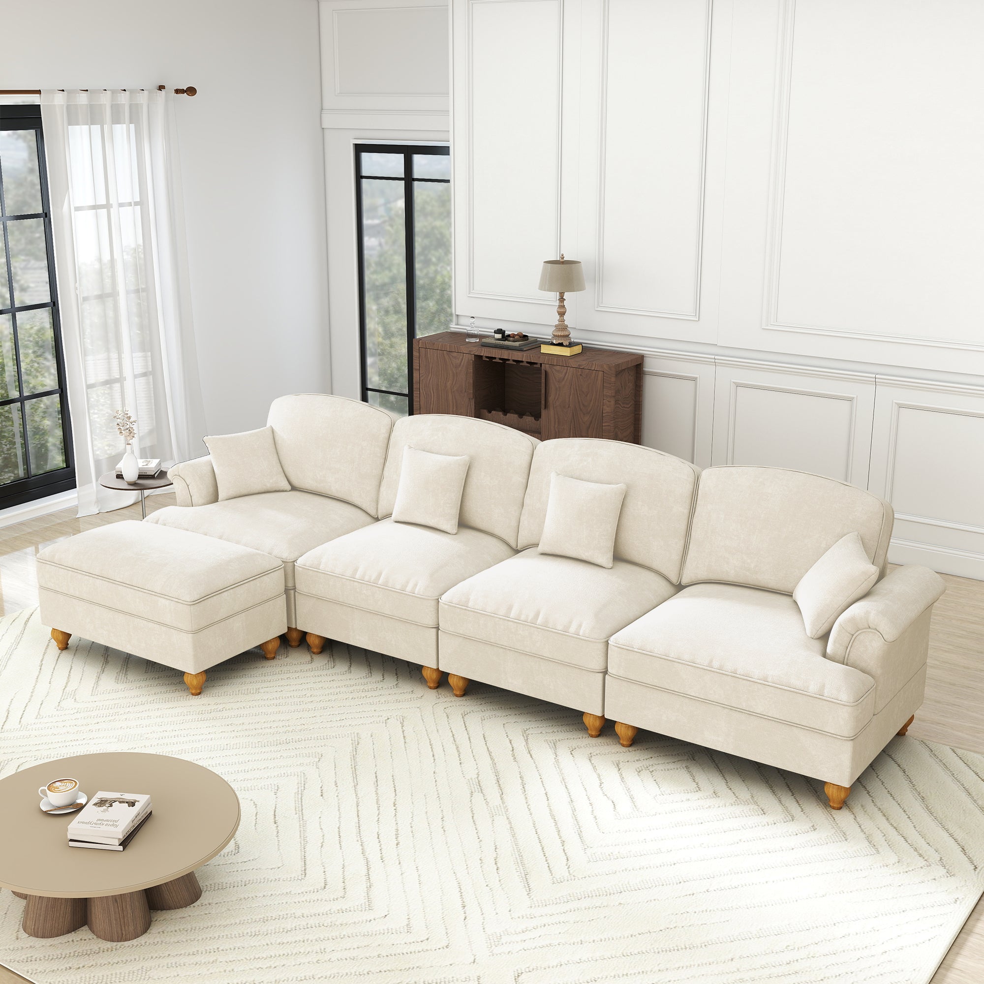 Modular L-Shaped 4-Seater Sofa with Movable Ottoman, Ruffled Apron, Spindle Legs Chenille White