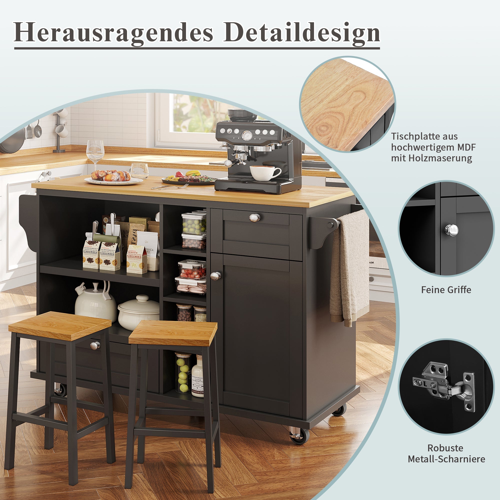 Dining Trolley Mobile Kitchen Storage Cabinet with Drawers, Black/Light Brown Wood