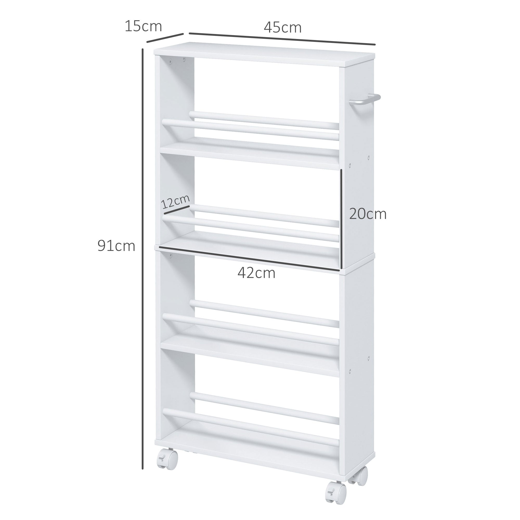 Rolling Trolley 4-Shelf Narrow Serving Storage 45x15x91cm White