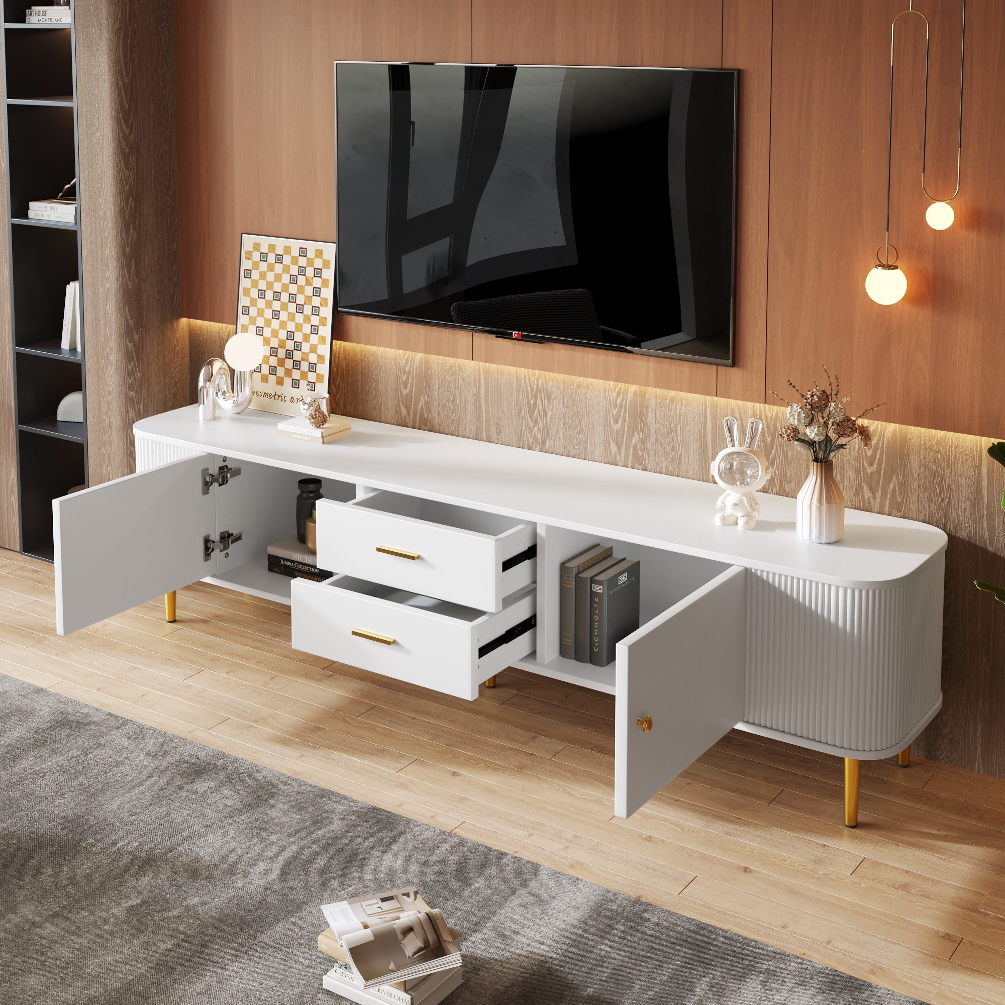 TV Cabinet, Curved Corners Wavy Sides Drawers, Gold Handles and Legs