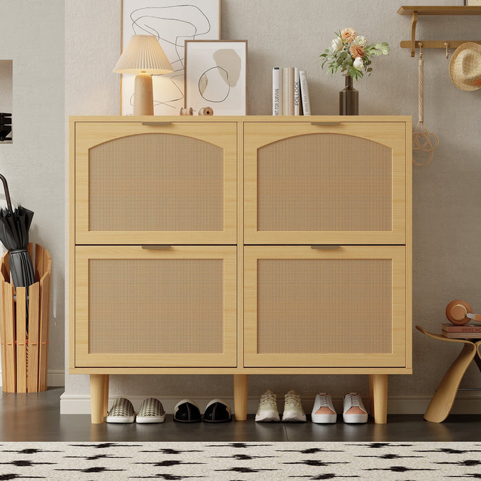 Shoe cabinet with 4 folding drawers, rattan and metal, wooden