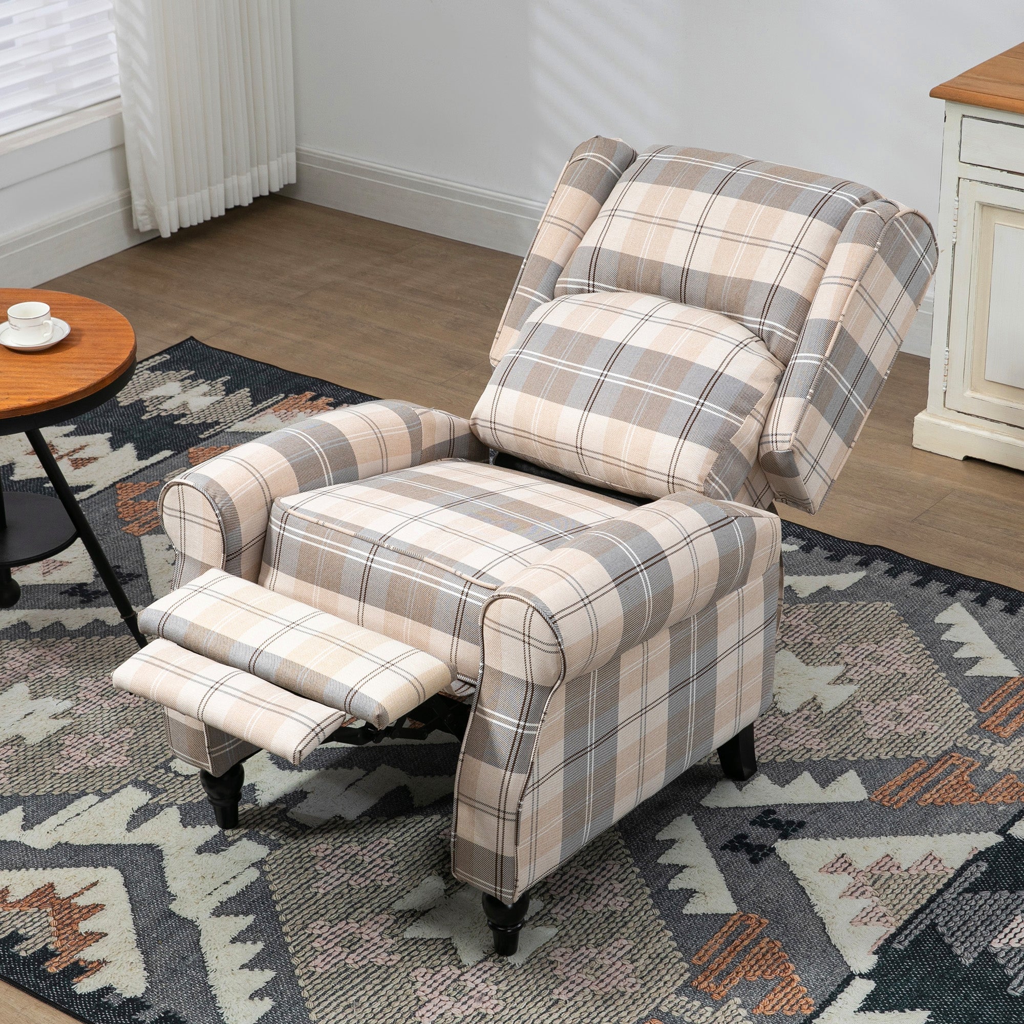 Wingback Recliner Armchair with Footrest, Rubber Wood Legs, Khaki