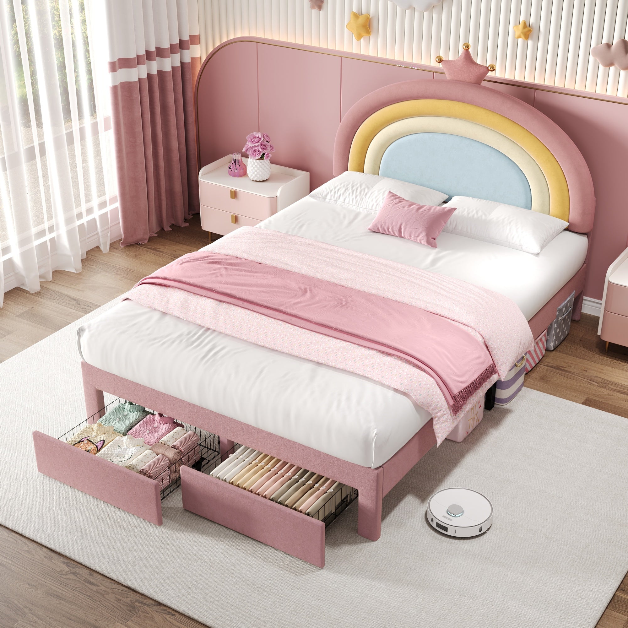 Bed - 4ft6 Double Upholstered with Adjustable Rainbow Crown Headboard & Storage Drawer, Soft Velvet, Pink