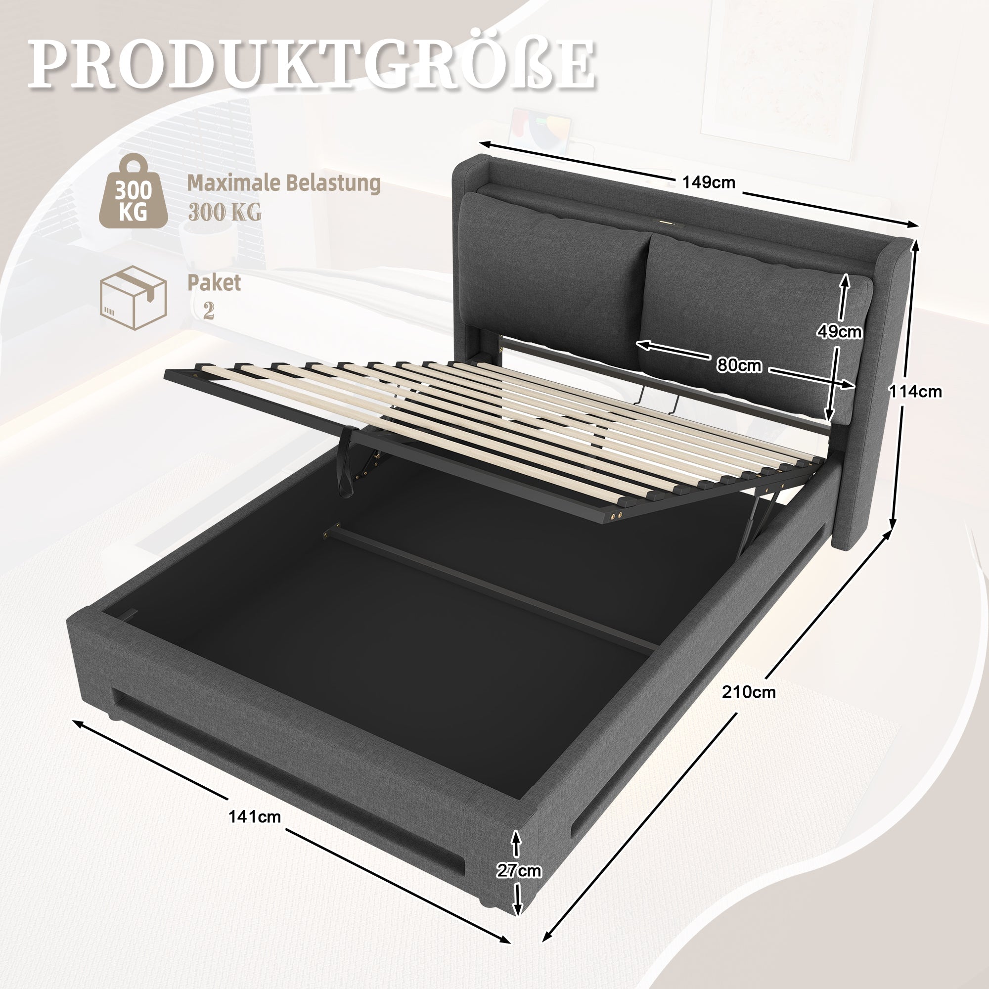 Modern Upholstered Bed 140x200cm Storage LED USB-C Headboard