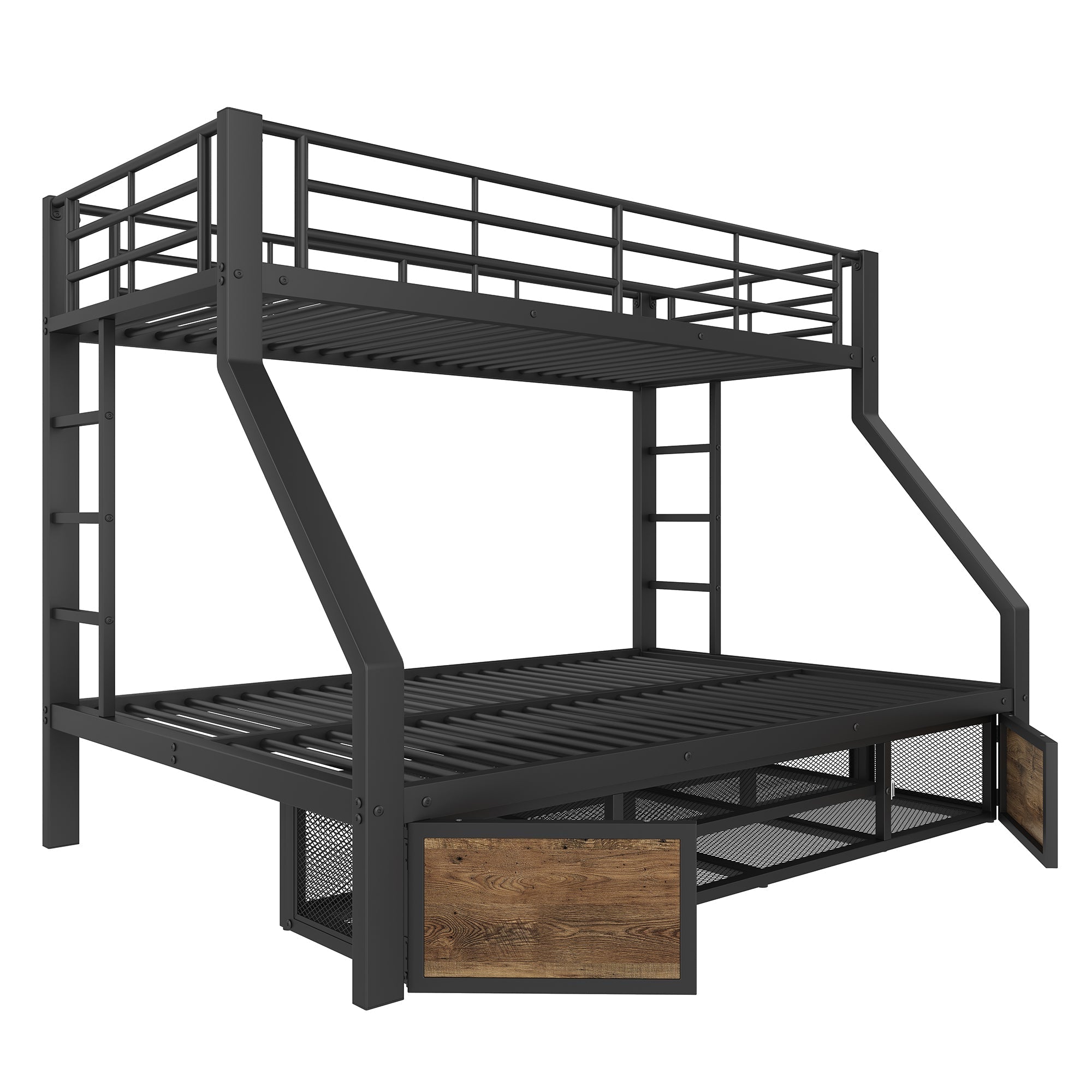 Bunk Bed for Children with Shoe Rack, Storage Compartments and Safety Rails, Black