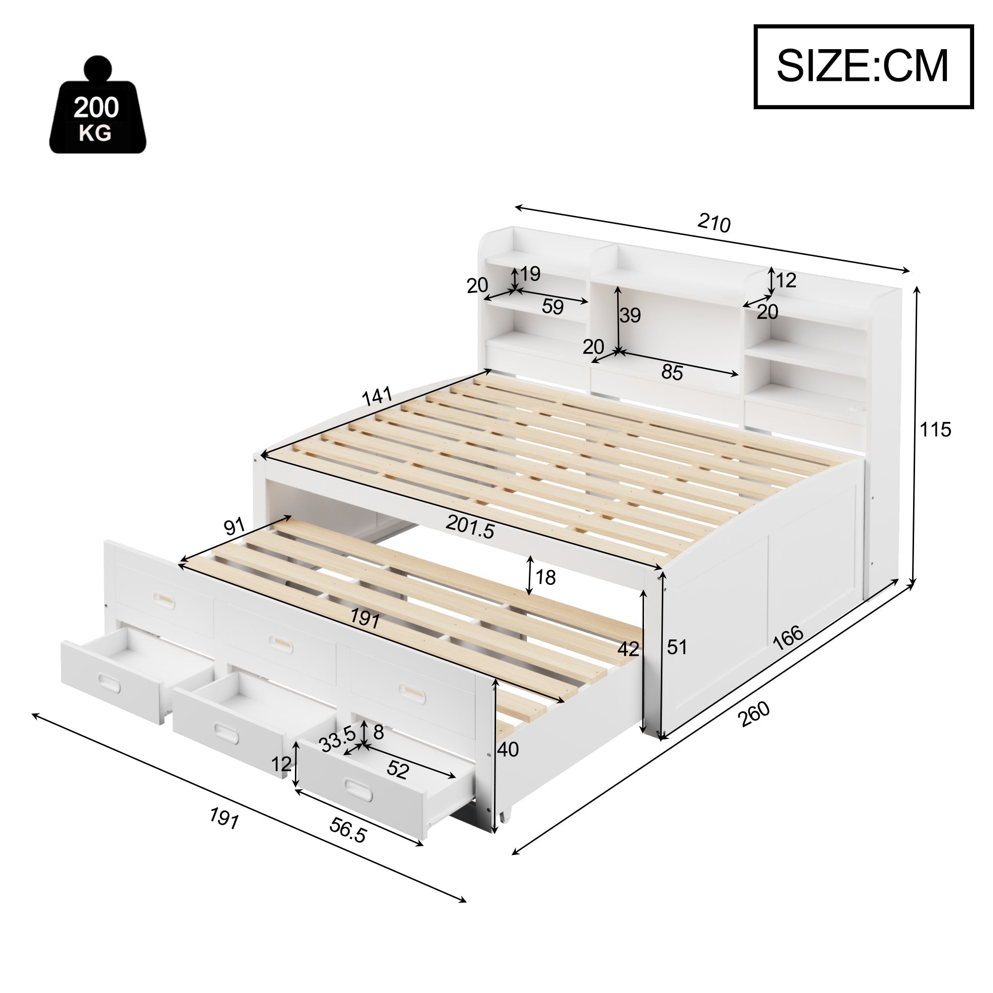Daybed Sofa Bed 140x200cm Multifunctional Extendable with LED Lights 3 Drawers USB/Type-C White
