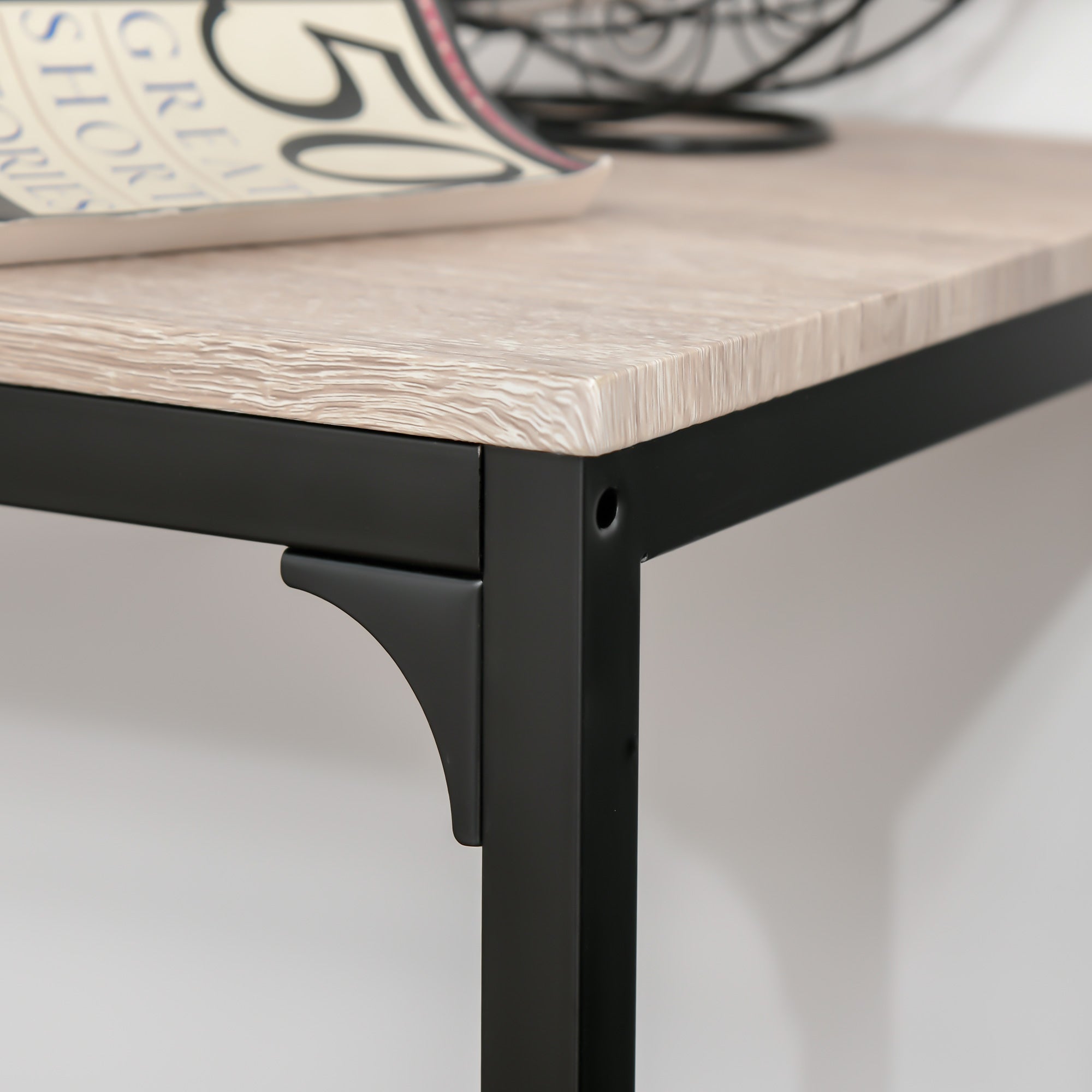 3 Pcs Table Stool Set Industrial Design Metal Frame Oak Tone MDF