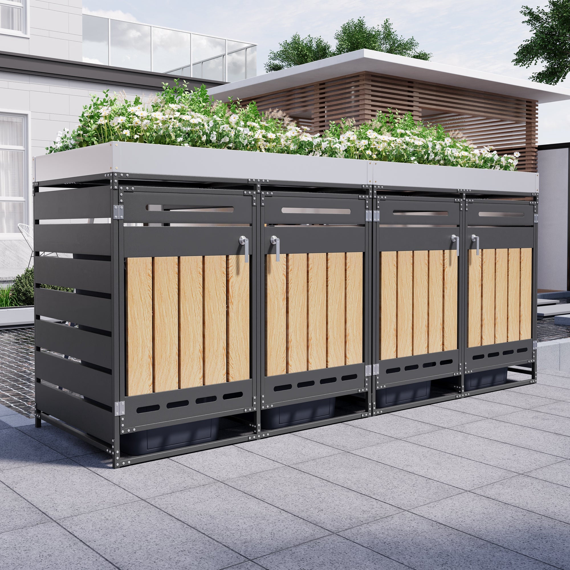 Set of 4 Bin Storage Units with Planter Boxes and Locking Garden Cabinet, Iron with Vertical Wood Grain Panels