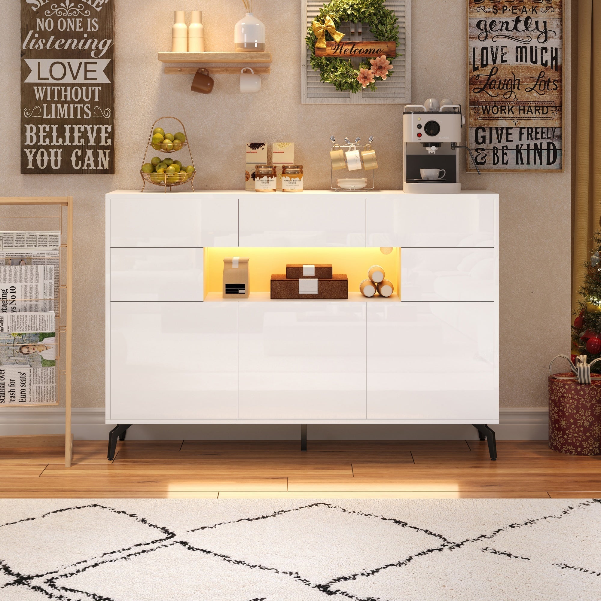 Living Room Sideboard, High-Gloss Storage with LED Light, White MDF