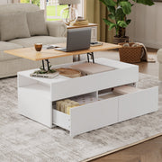 Coffee table height-adjustable with hidden storage, 2 drawers, white + wood color