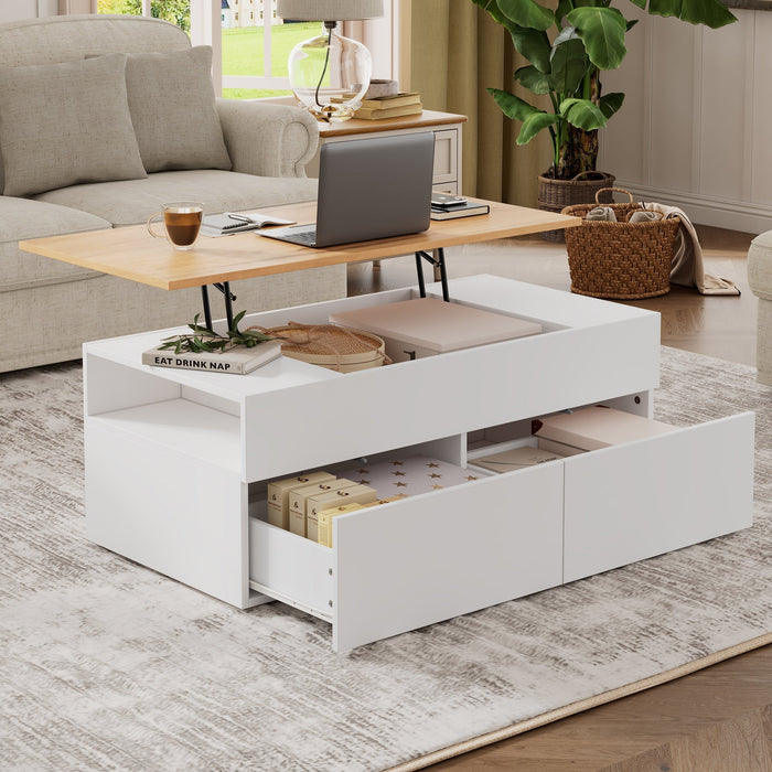 Coffee table height-adjustable with hidden storage, 2 drawers, white + wood color