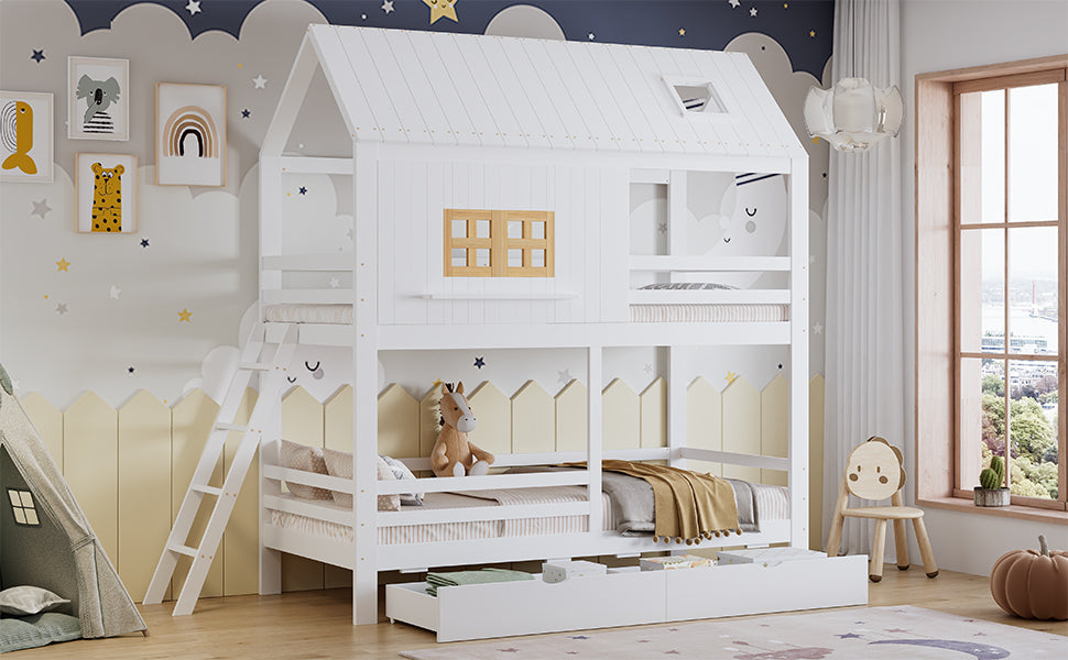 Bunk Bed 90x200cm House Design 2 Drawers Ladder - White/Natural